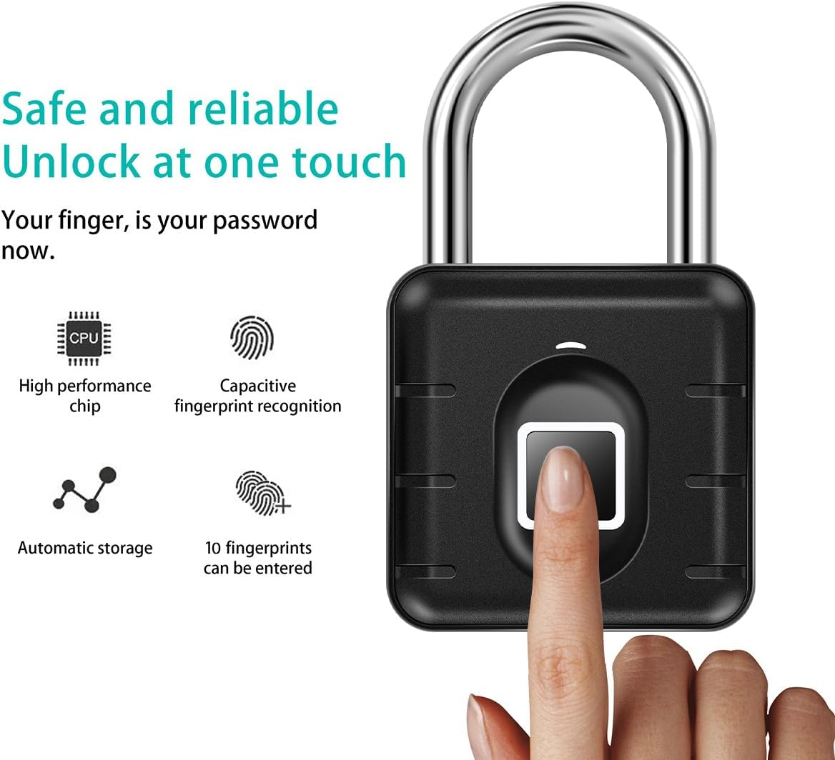 Ein schwarzes Vorhängeschloss mit Fingerabdrucksensor. Ein Finger berührt den Sensor. Der Text lautet 'Sicher und zuverlässig Entsperren mit einem Touch'.