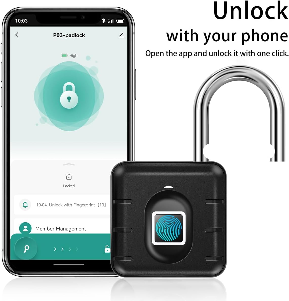 Ein Smartphone zeigt die Oberfläche einer Vorhängeschloss-App. Ein schwarzes Vorhängeschloss mit Fingerabdrucksensor befindet sich neben dem Telefon.
