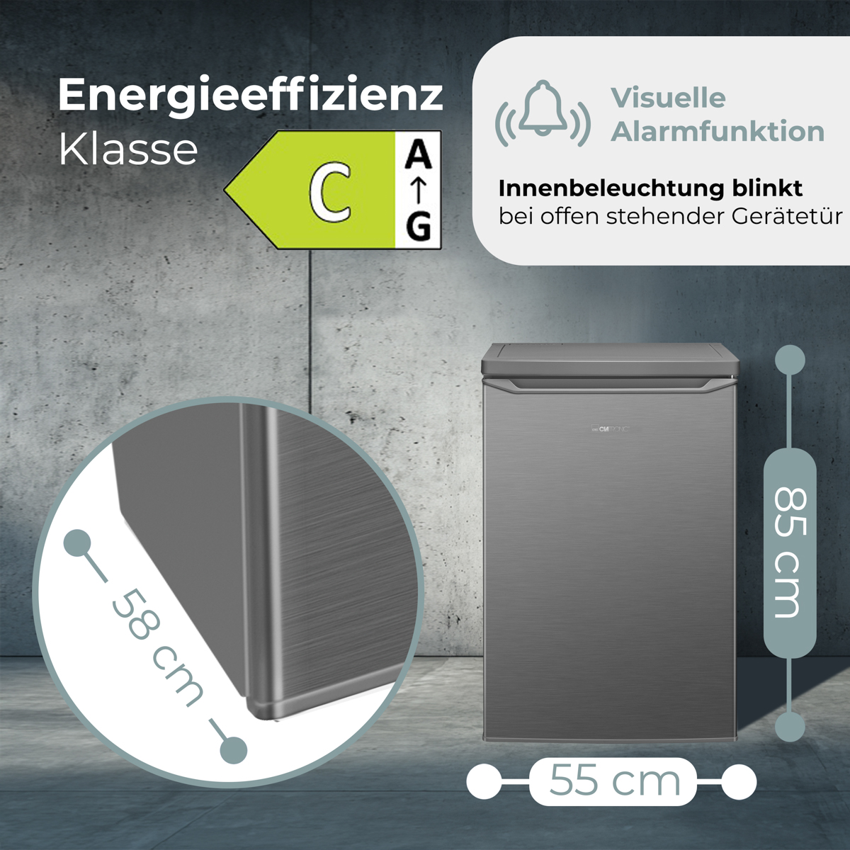 Ein grauer Kühlschrank mit Maßangaben. Er hat ein Energieeffizienzklasse C-Label und eine visuelle Alarmanzeige.