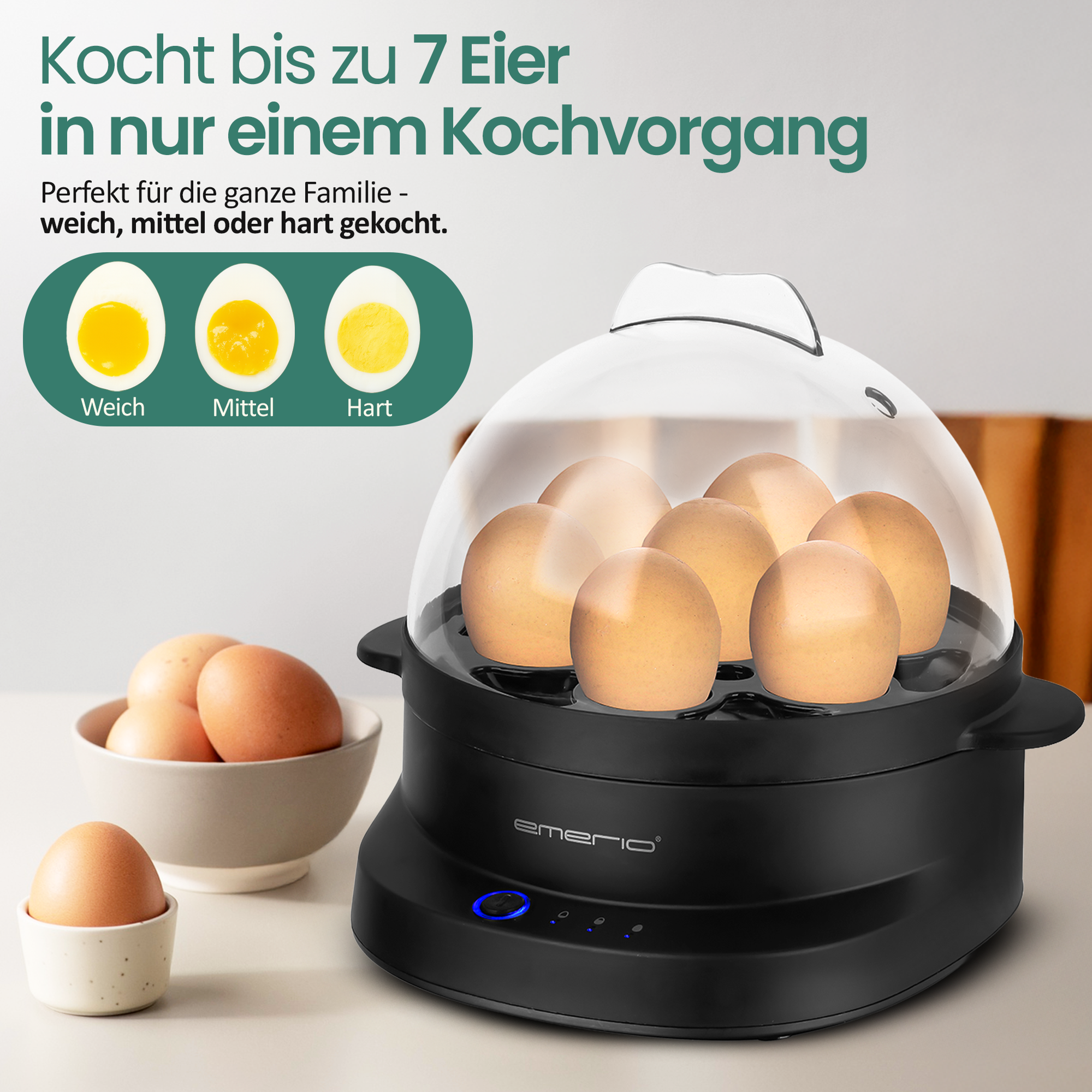 Ein Eierkocher mit Eiern darin. Es zeigt auch Beispiele für weich, mittel und hart gekochte Eier.