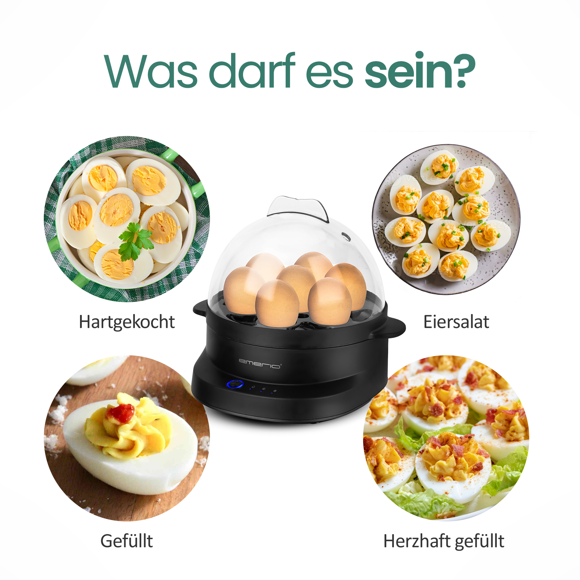 Das Bild zeigt einen Eierkocher und verschiedene Eierspeisen: hartgekochte Eier, gefüllte Eier und gefüllte Eier.