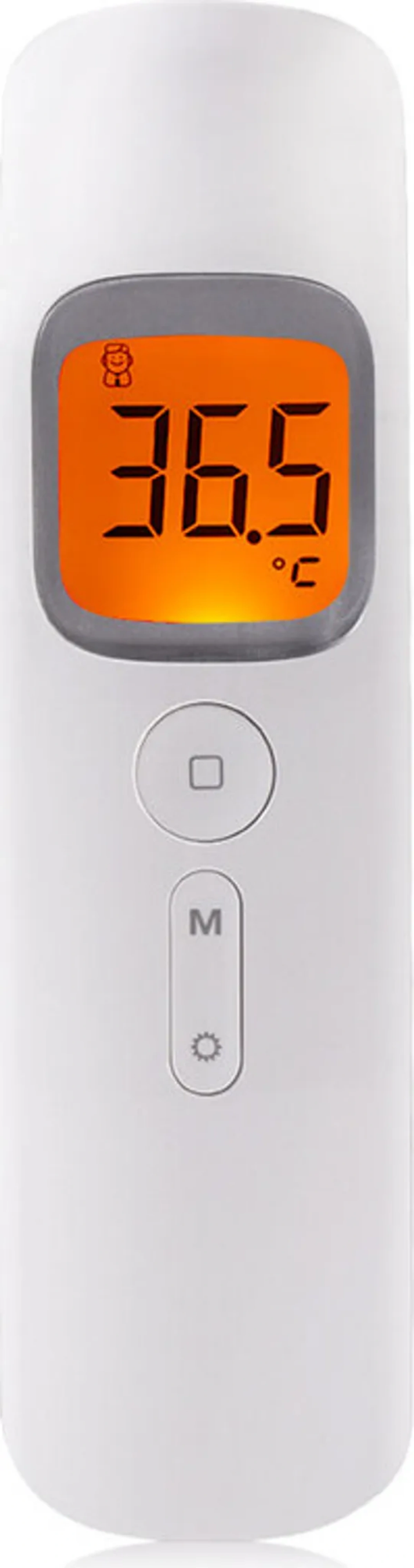 Ein weißes digitales Thermometer. Es zeigt 36,5 Grad Celsius auf einem orangefarbenen Bildschirm an. Tasten darunter.