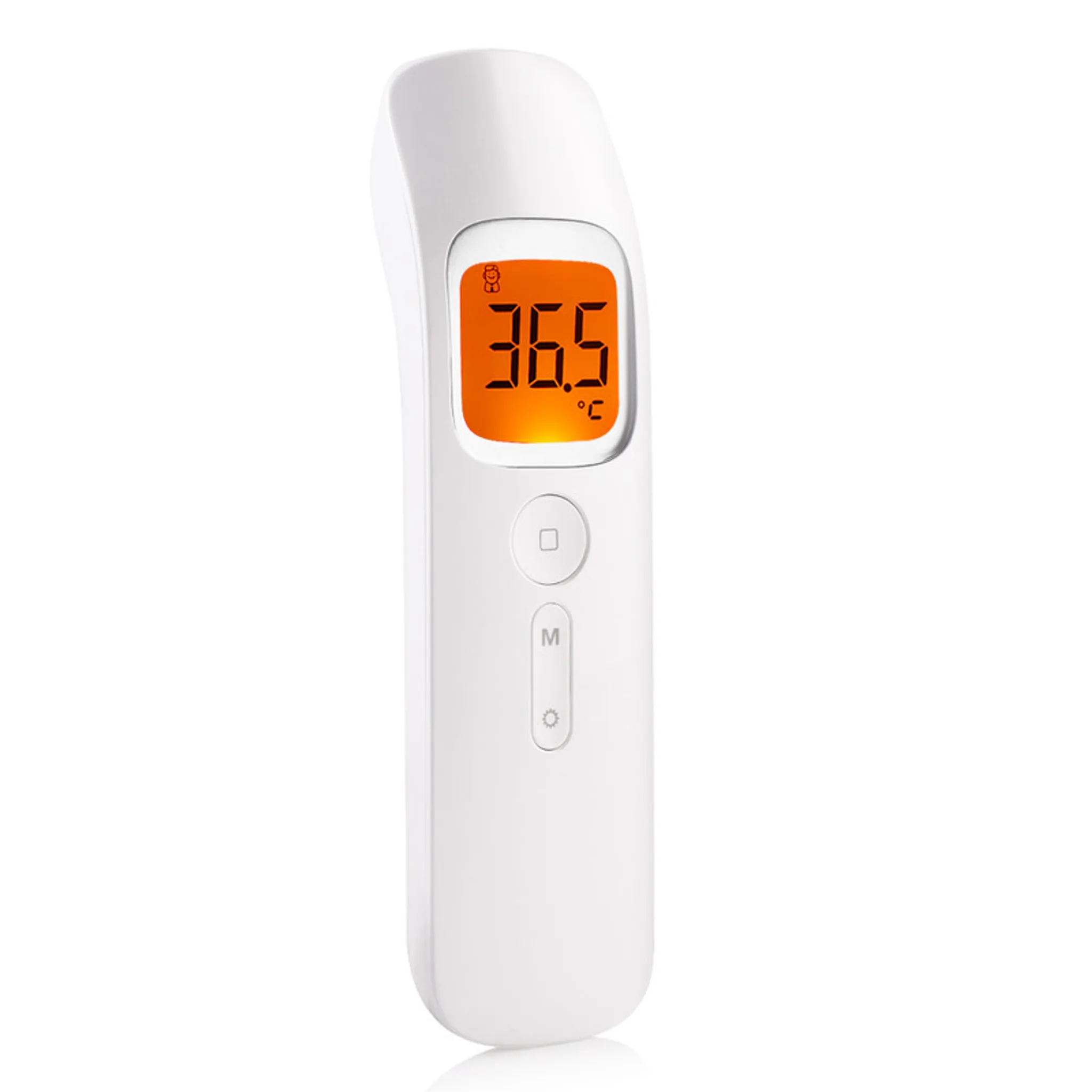 Ein weißes digitales Thermometer, das 36,5 Grad Celsius anzeigt. Es hat Knöpfe und ein kleines Display.