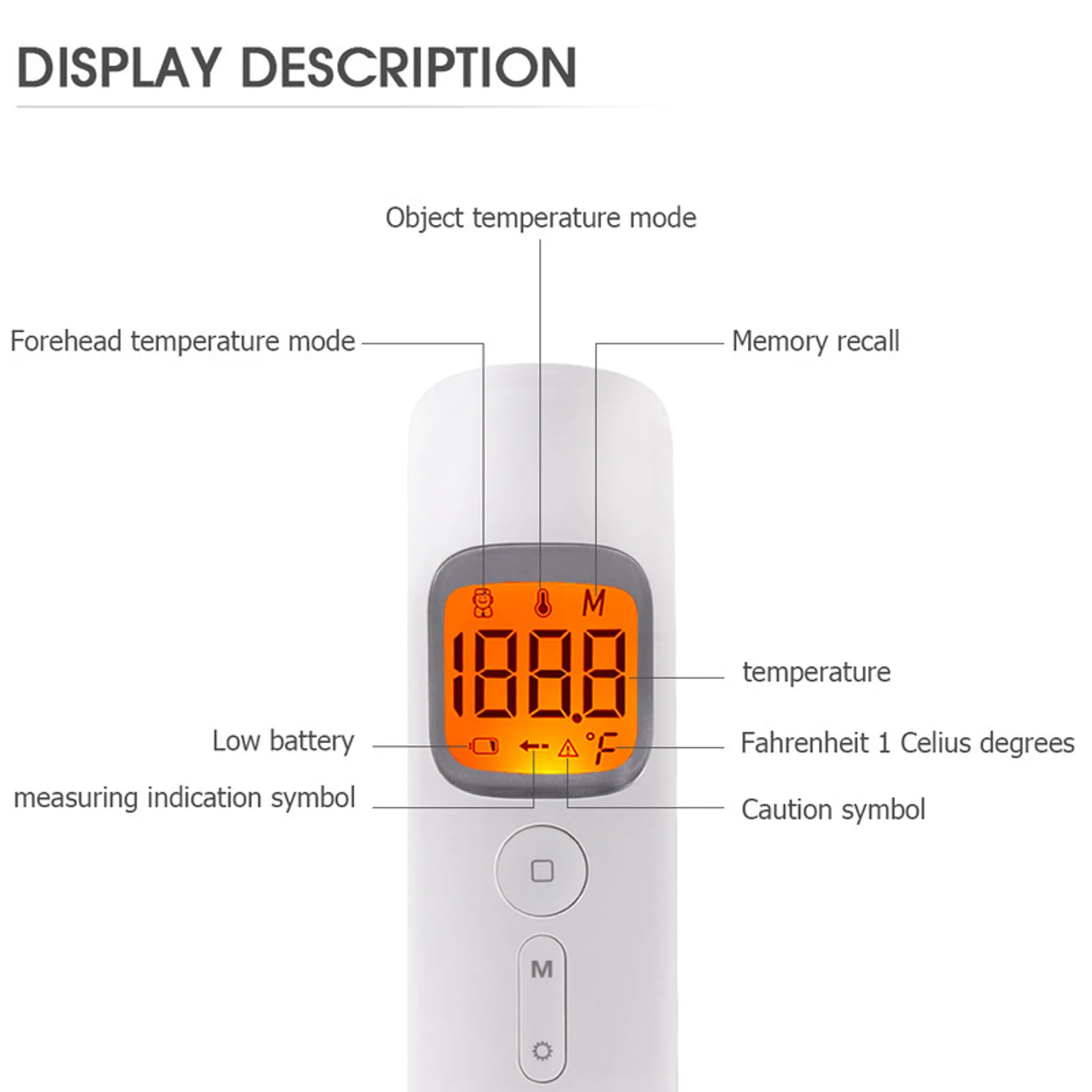 Ein weißes digitales Thermometer zeigt '188.8' mit verschiedenen Symbolen für Temperatur, niedrige Batterie und Einstellungen.