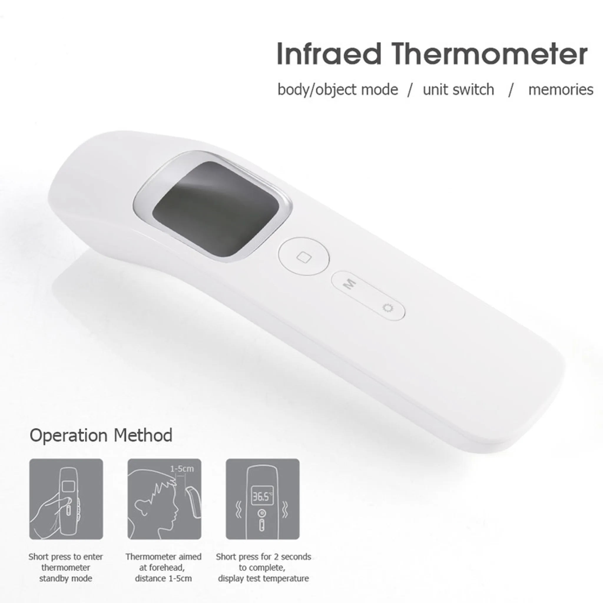Weißes Infrarot-Thermometer mit schwarzem Display. Text zeigt Körper-/Objektmodus, Einheitsschalter und Speicher an.