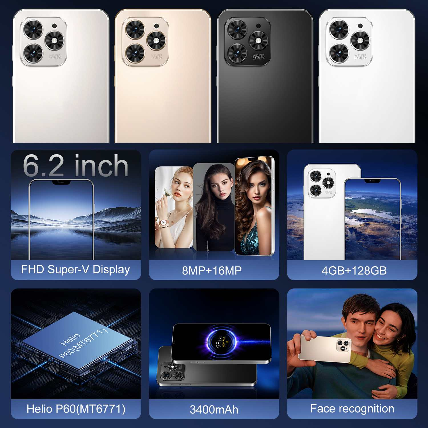 Das Bild zeigt mehrere Smartphones in verschiedenen Farben sowie Funktionshighlights wie Bildschirmgröße, Kameraspezifikationen und Gesichtserkennung.
