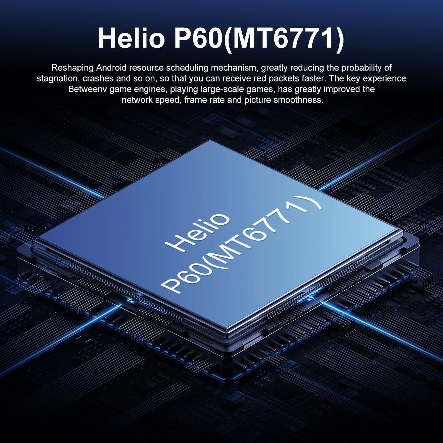 Ein blauer Prozessor-Chip mit dem Text 'Helio P60(MT6771)'. Der Hintergrund zeigt ein Leiterplatten-Design mit blauen Linien.