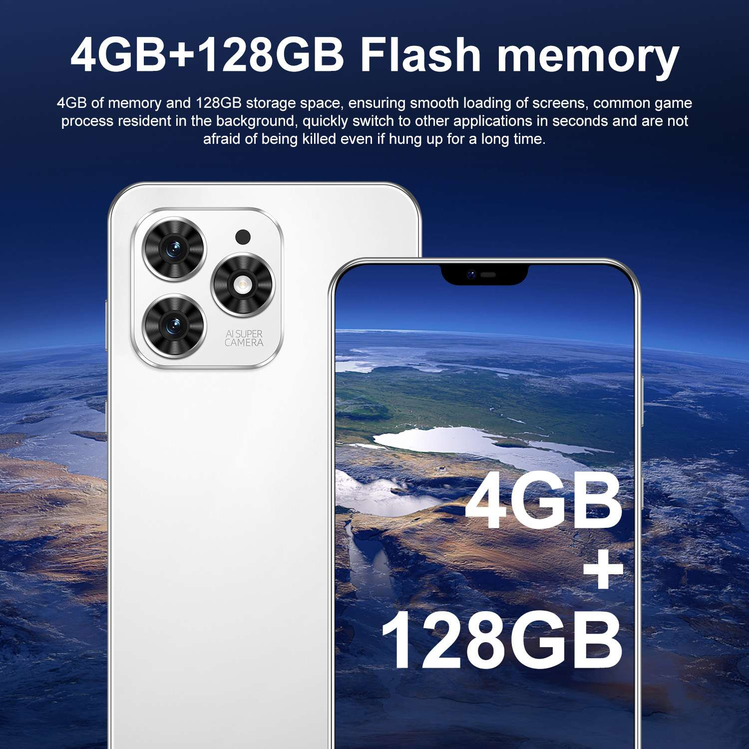 Ein weißes Smartphone mit Dreifachkamera wird mit einem Bildschirm mit 4GB + 128GB angezeigt. Der Hintergrund ist ein Bild der Erde.