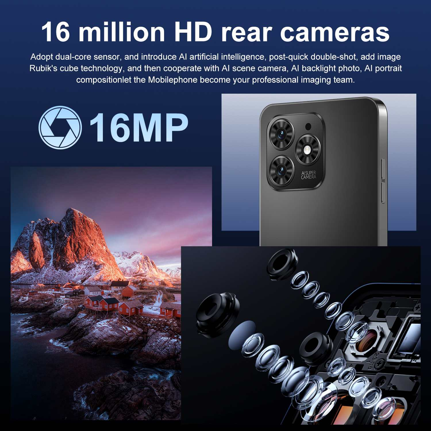Das Bild zeigt ein Telefon mit 16MP-Kamera und Landschaftsfoto. Die Kamerafunktionen des Telefons werden hervorgehoben. Links ist ein Landschaftsfoto.