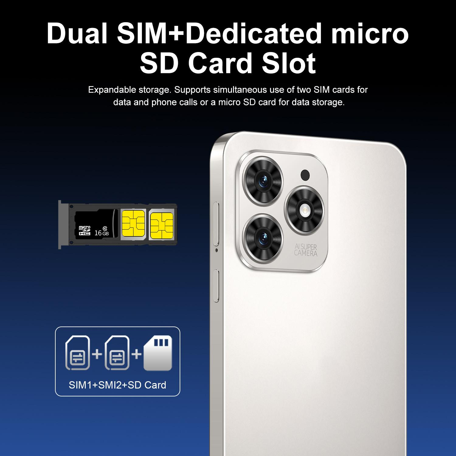 Ein Telefon mit Dual-SIM- und SD-Kartensteckplatz-Funktionen. Es hat drei Kameralinsen. SIM-Karten und Micro-SD-Karten werden daneben angezeigt.