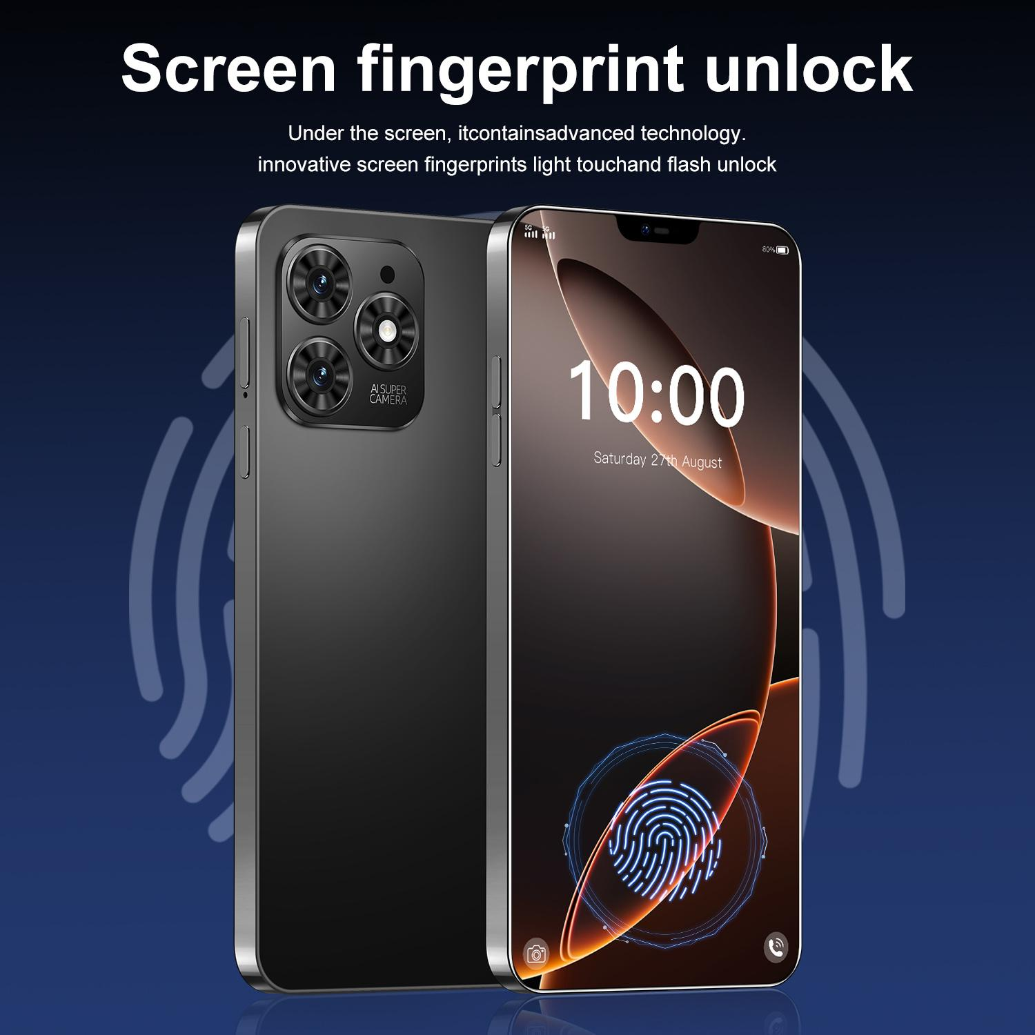Zwei schwarze Smartphones mit Dreifachkameras. Eines zeigt eine Fingerabdruck-Entsperrgrafik. Text: Bildschirmsperre, Zeit 10:00.