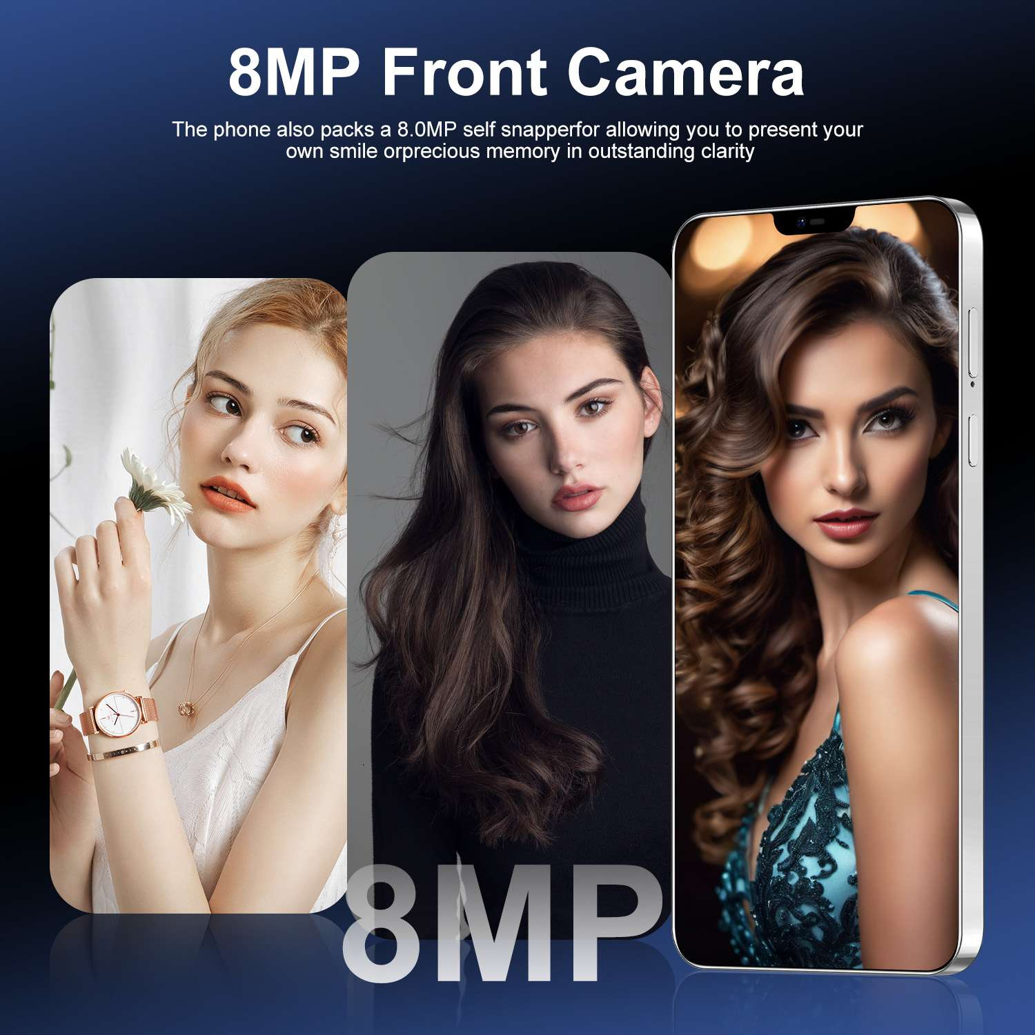 Das Bild bewirbt eine 8MP-Frontkamera. Es zeigt drei Frauenporträts in Telefonrahmen vor einem blauen Hintergrund.