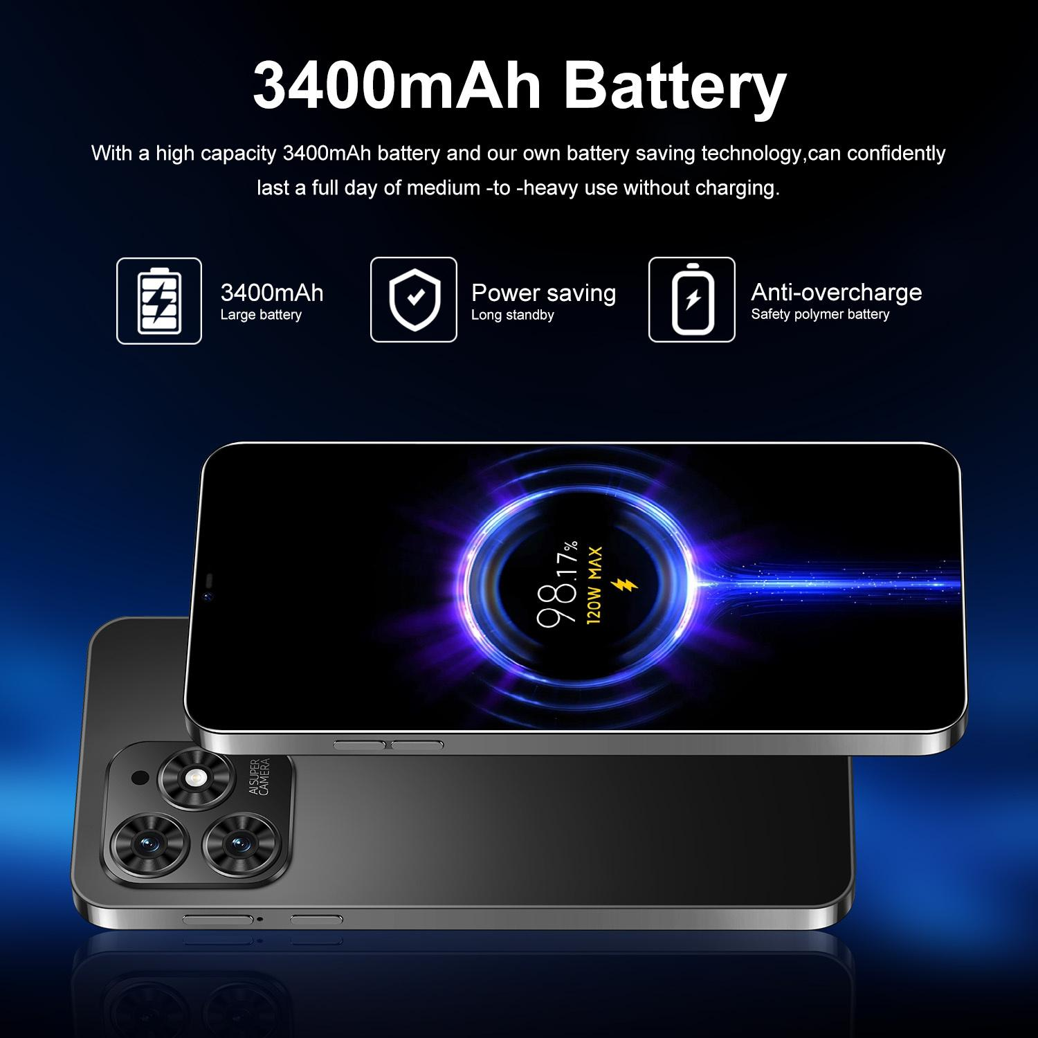 Ein Telefon, das geladen wird, mit Batterieinformationen. Zeigt ein Telefon mit drei Kameras und Batterie- und Ladeangaben.