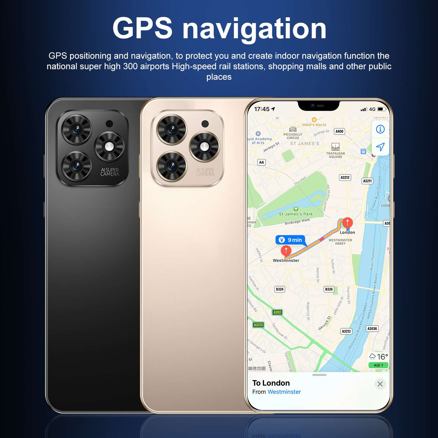 Zwei Telefone mit einer Karte mit GPS-Navigation. Ein Telefon ist schwarz, das andere goldfarben.