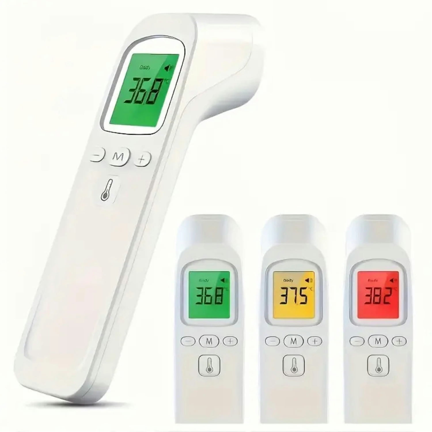 Weiße Infrarot-Thermometer mit unterschiedlichen Temperaturen auf grünen, gelben und roten Bildschirmen. Ein größeres befindet sich im Hintergrund.