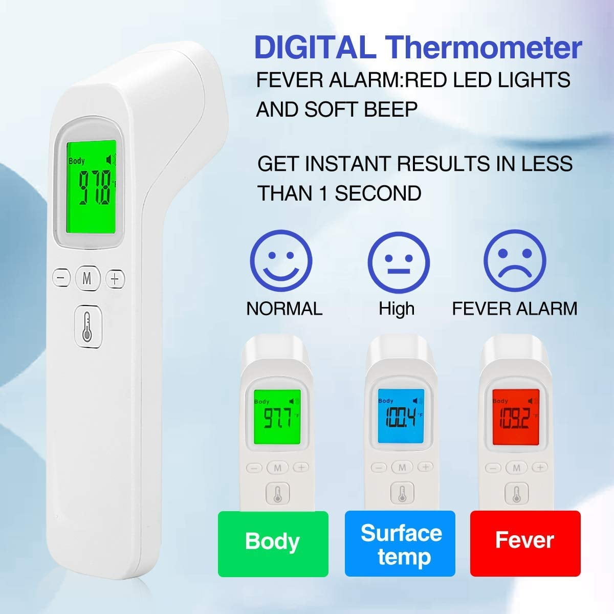 Digitales Thermometer, das die Körpertemperatur anzeigt. Es hat normale, hohe und Fieberalarm-Anzeigen.