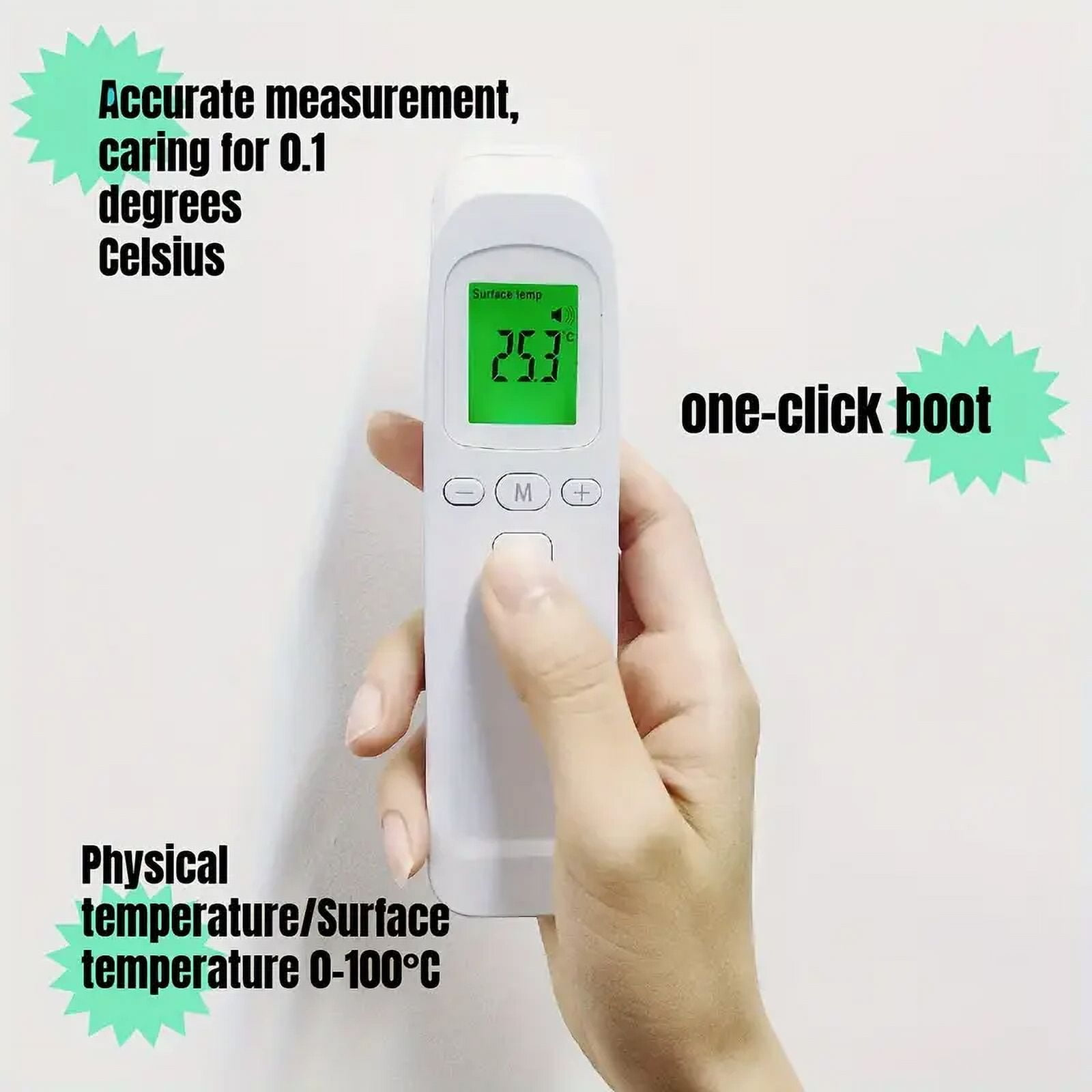 Eine Hand hält ein weißes Thermometer mit 25,3 °C. Text erwähnt präzise Messung und One-Click-Boot.