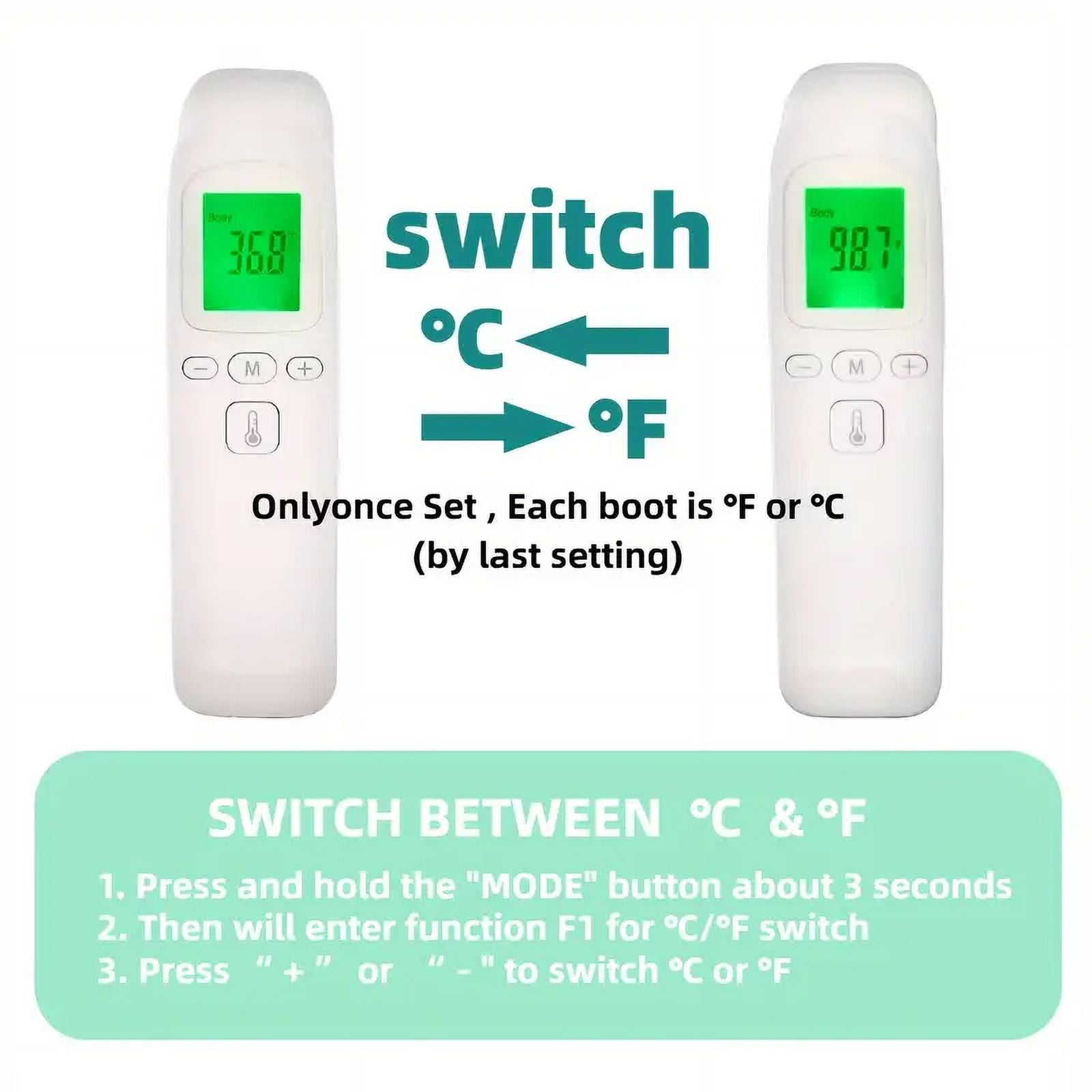 Das Bild zeigt zwei Thermometer. Der Text hebt das Umschalten zwischen Celsius und Fahrenheit hervor. Anweisungen werden bereitgestellt.