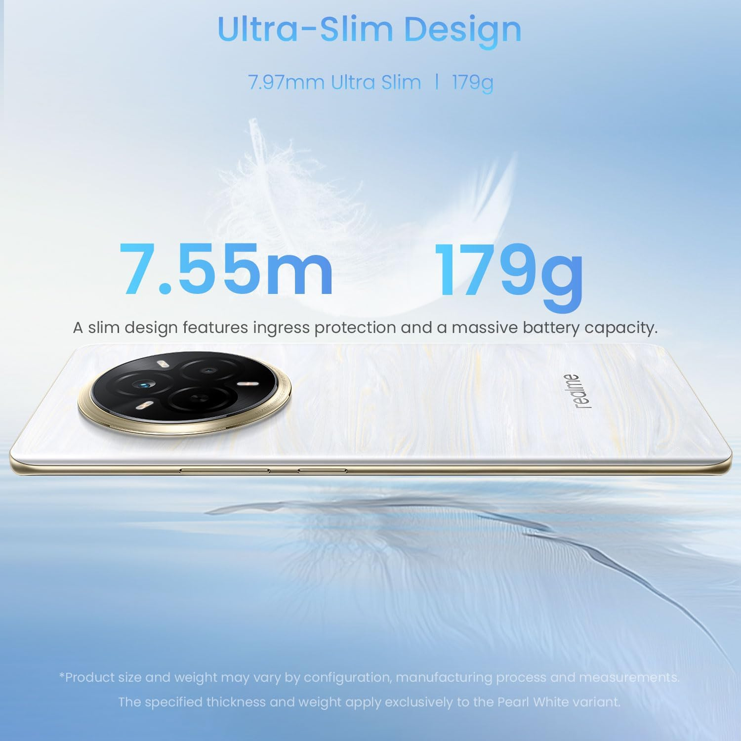 Ein weißes Smartphone wird gezeigt. Der Bildschirm hat ein marmorähnliches Design. Hauptmerkmale: 7,55 m, 179 g und ultradünnes Design.