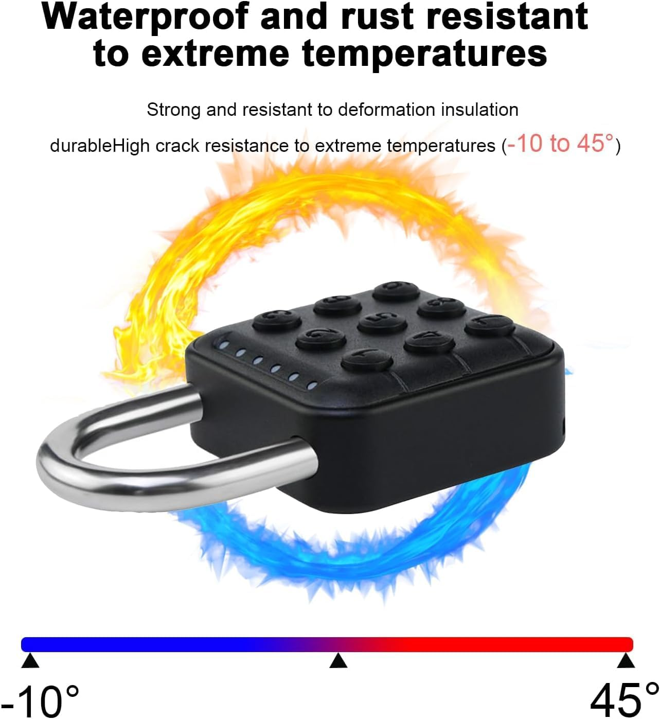 Ein schwarzes Vorhängeschloss mit silbernem Bügel. Es ist von gelben und blauen Darstellungen der Temperaturbeständigkeit umgeben.