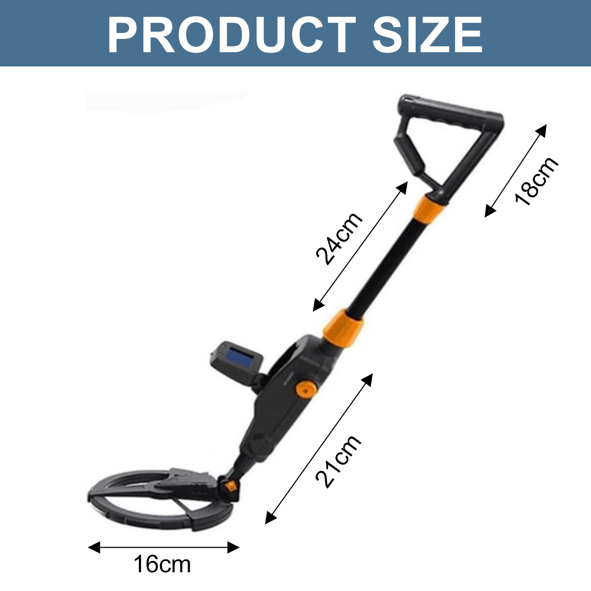 Ein Metalldetektor mit Größenangaben. Er hat einen schwarzen Körper mit orangefarbenen Akzenten. Die Abmessungen sind beschriftet: 16 cm, 18 cm, 21 cm und 24 cm.