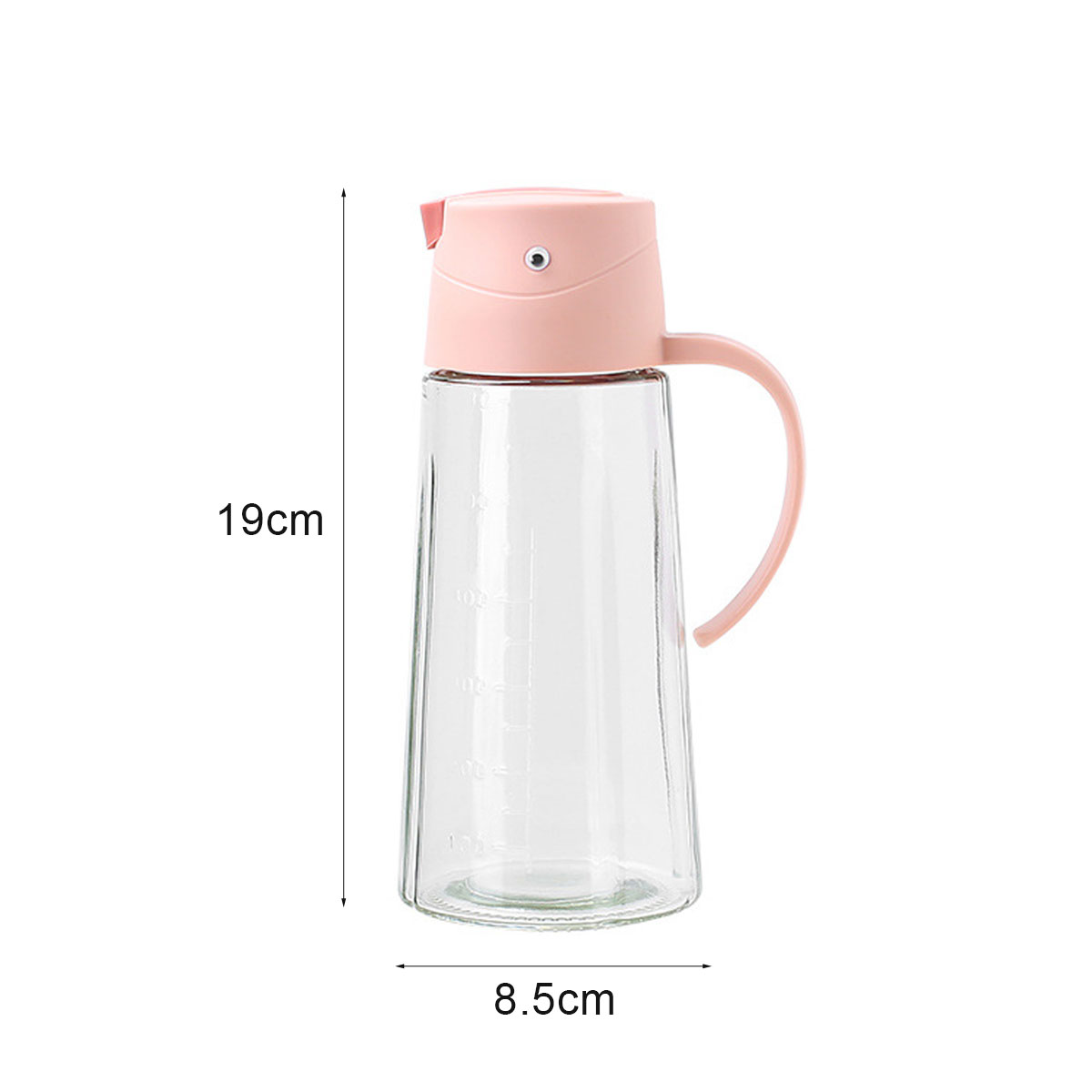Ein klarer Glas-Ölspender mit rosa Deckel und Griff. Der Spender ist mit Messungen und Abmessungen beschriftet.