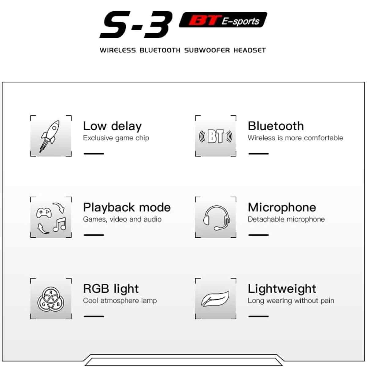Weißes Grafikdesign mit Text: S-3, BE-sports. Merkmale: geringe Verzögerung, Wiedergabemodus, RGB-Licht, Bluetooth, Mikrofon, leicht.