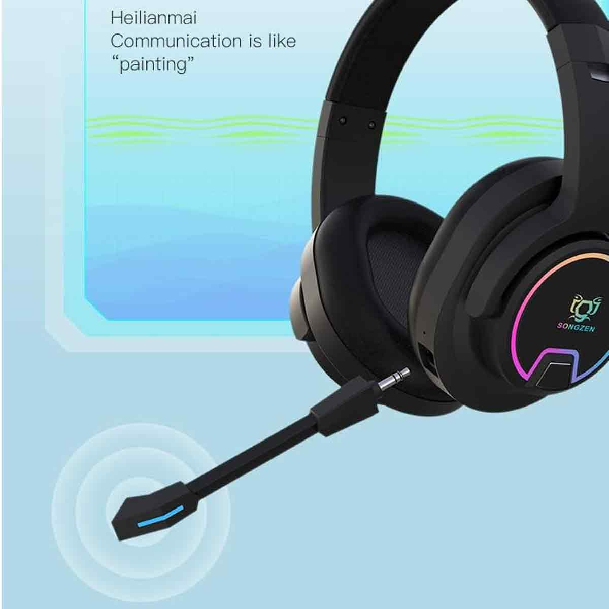 Schwarzes Headset mit Mikrofon. Zitat: Kommunikation ist wie Malen. Das Headset hat ein buntes Logo auf der Ohrmuschel.