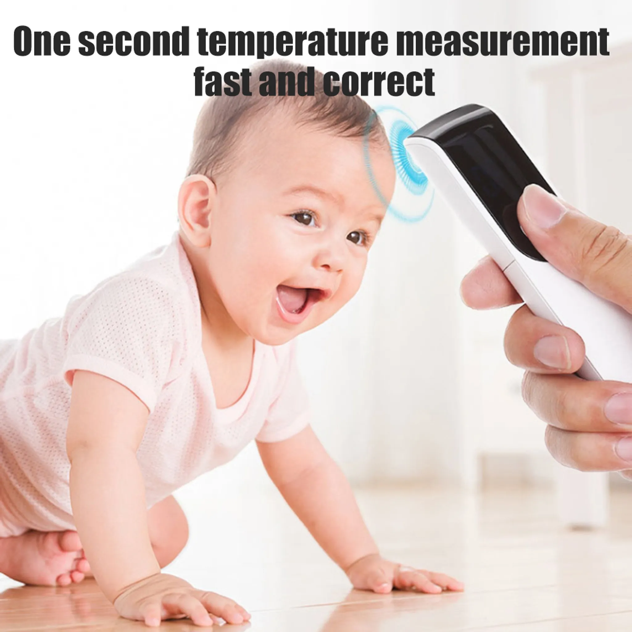 Ein Baby mit offenem Mund misst seine Temperatur mit einem Gerät in der Hand. Ein Text sagt 'schnell und korrekt'.