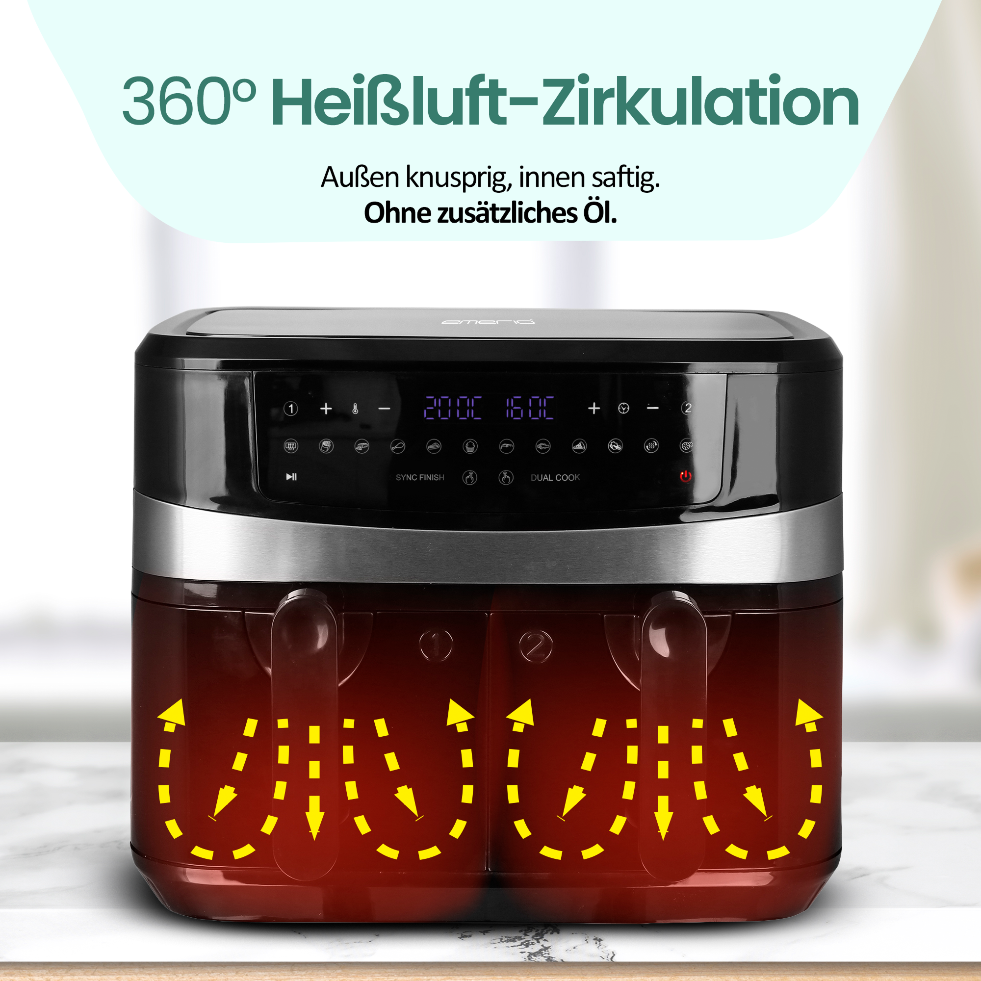 Ein Airfryer mit digitaler Anzeige. Text: 360° Heißluft-Zirkulation, Außen knusprig, innen saftig, Ohne zusätzliches Öl.