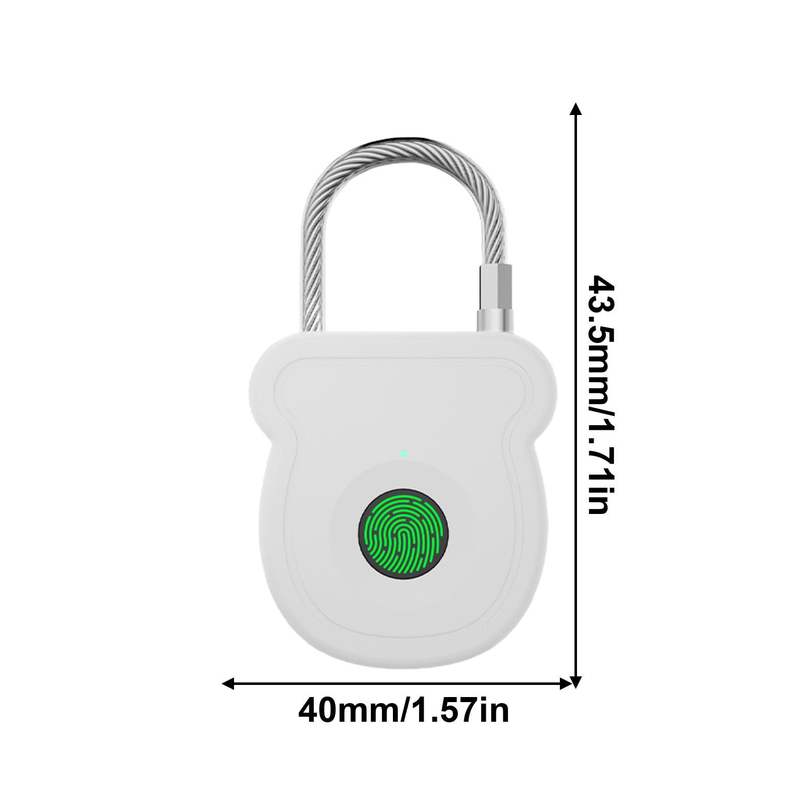 Weißes Fingerabdruck-Vorhängeschloss mit Stahlbügel. Die Abmessungen betragen 43,5 mm/1,71 Zoll hoch und 40 mm/1,57 Zoll breit.