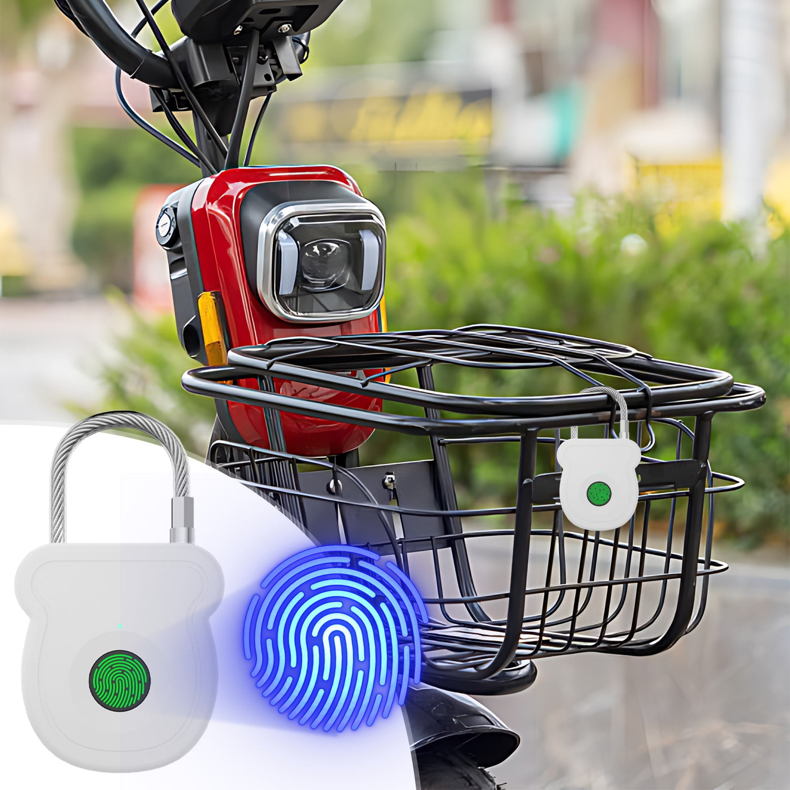 Ein rotes E-Bike mit schwarzem Korb. Ein weißes Fingerabdruckschloss ist angebracht. Ein blauer Fingerabdruck wird gezeigt.