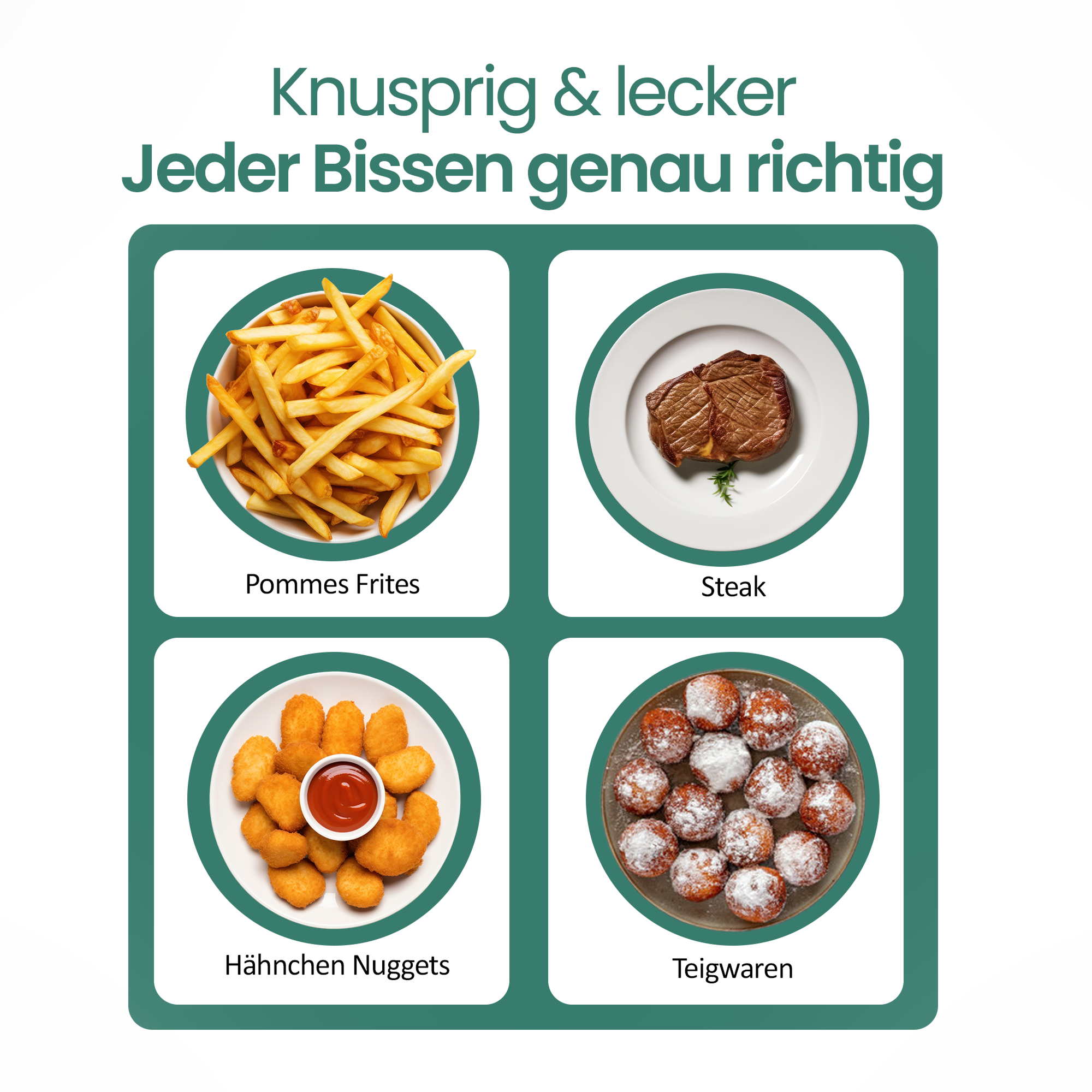 Das Bild zeigt vier Gerichte: Pommes, Steak, Nuggets mit Ketchup und Donuts, jeweils auf einem weißen Teller.