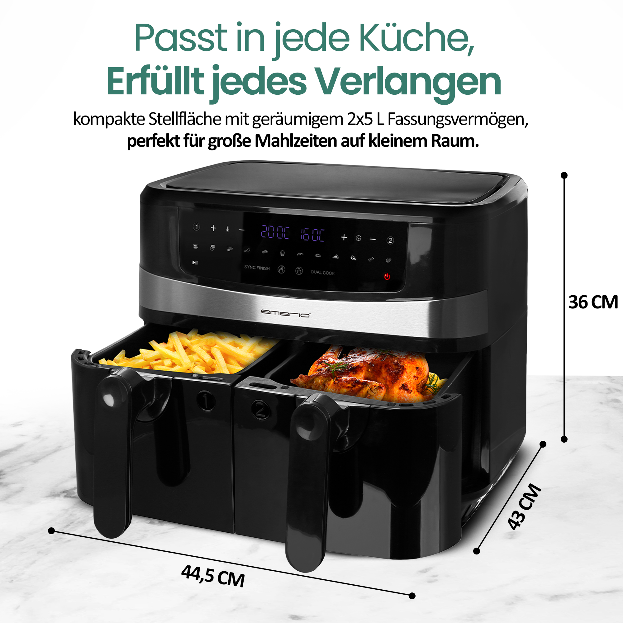 Schwarze Heißluftfritteuse mit Pommes und Hähnchen. Abmessungen und Text sind auf dem Bild.