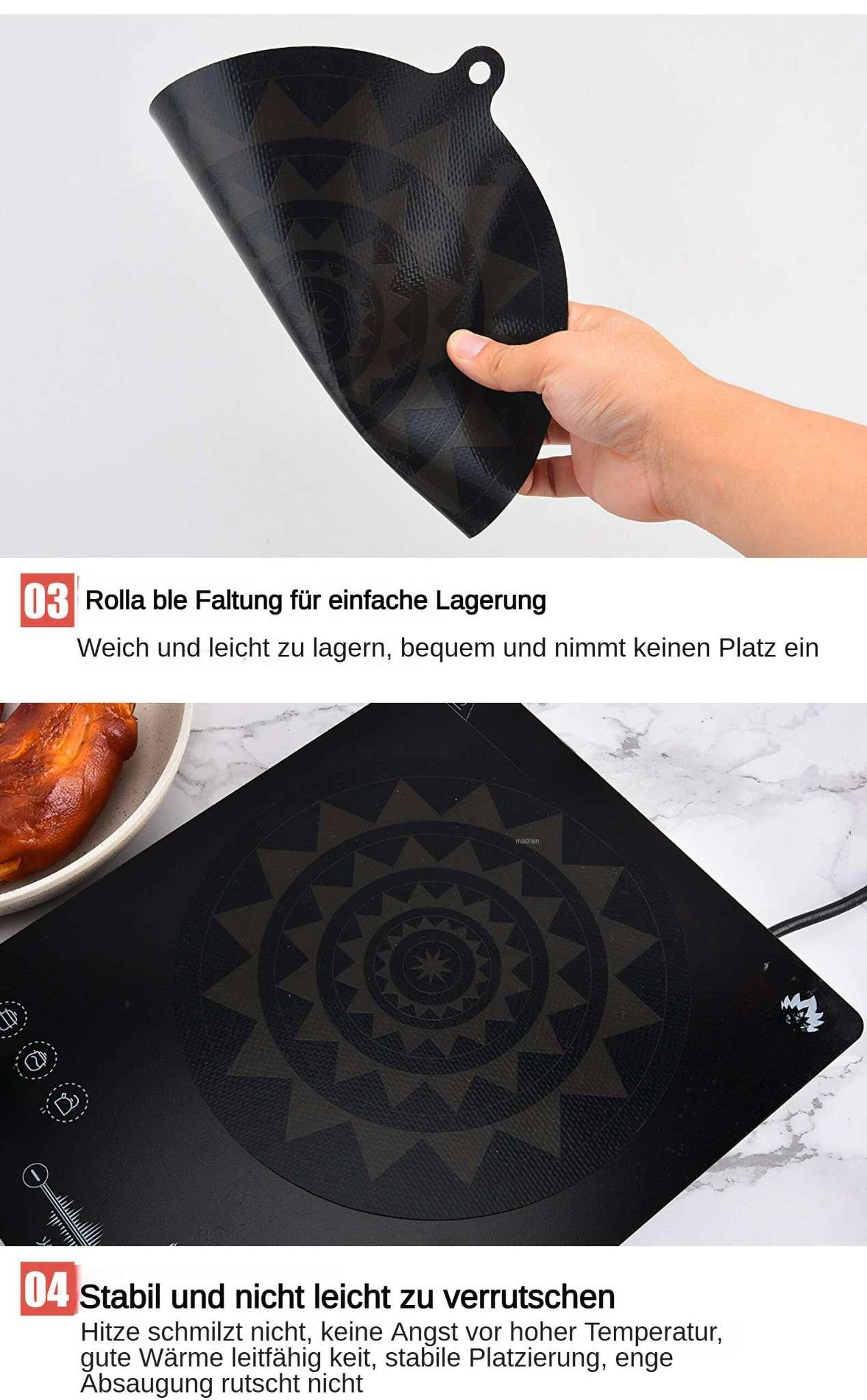 Eine Hand hält eine schwarze, gemusterte Matte. Die Matte liegt auf einem schwarzen Herd. Text darunter lautet: 'Einfache Lagerung' und 'Stabil, rutschfest'.
