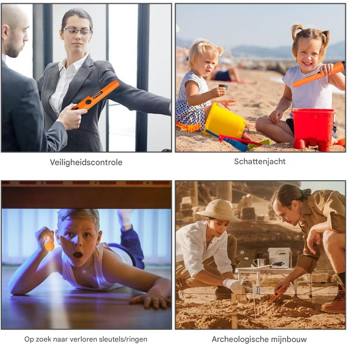 Vier Bilder zeigen verschiedene Anwendungen eines Metalldetektors: Sicherheitskontrolle, Strandspiel, Suchen unter einem Tisch und Archäologie.