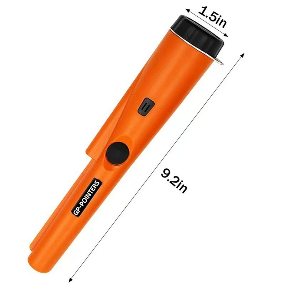 Ein orangefarbener GP-POINTER Metalldetektor. Er hat eine schwarze Kappe, Knöpfe und ein Maß von 9,2 Zoll. Er ist vor einem weißen Hintergrund.