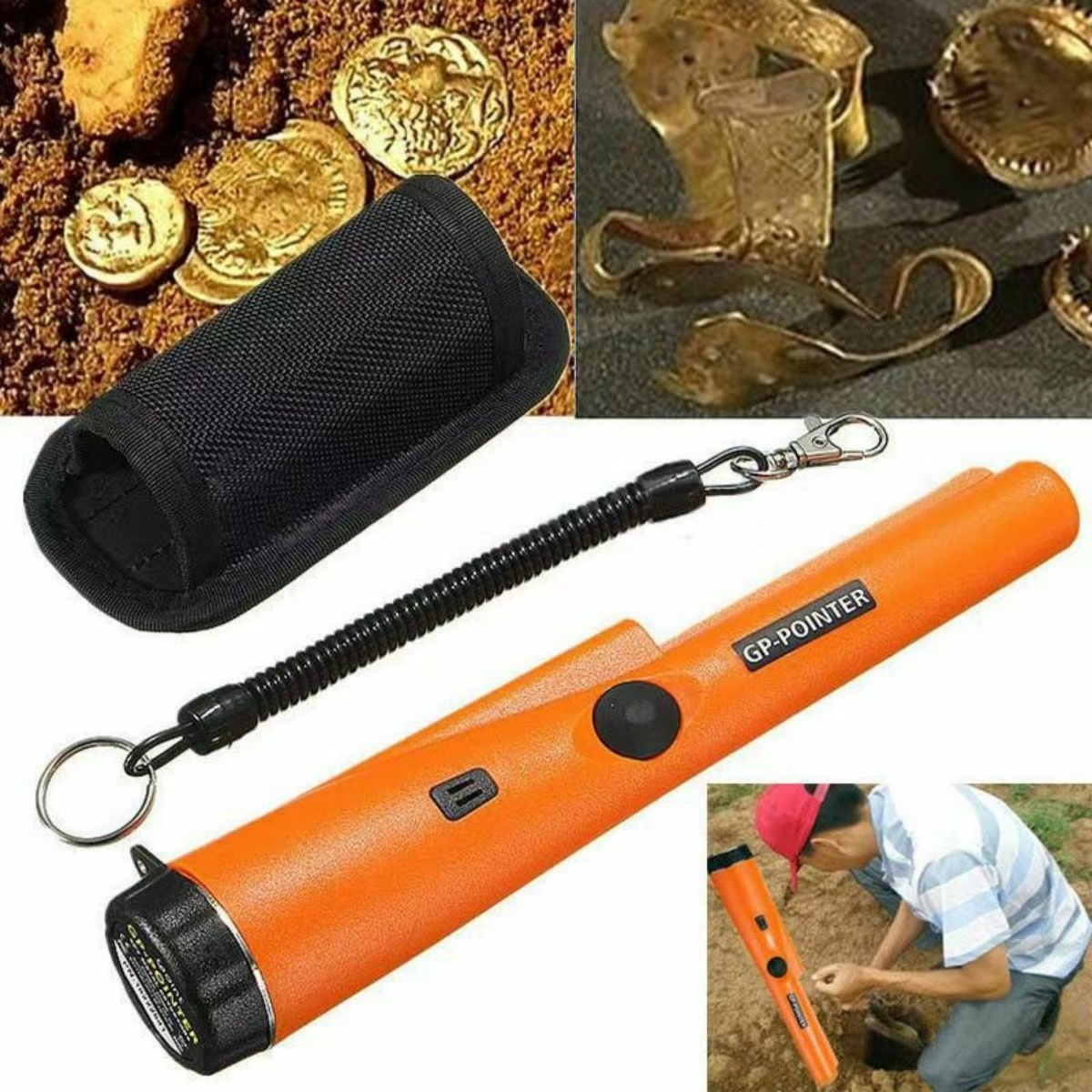 Das Bild zeigt Goldmünzen, einen orangefarbenen Metalldetektor und historische Artefakte. Eine Person benutzt den Detektor im Boden.