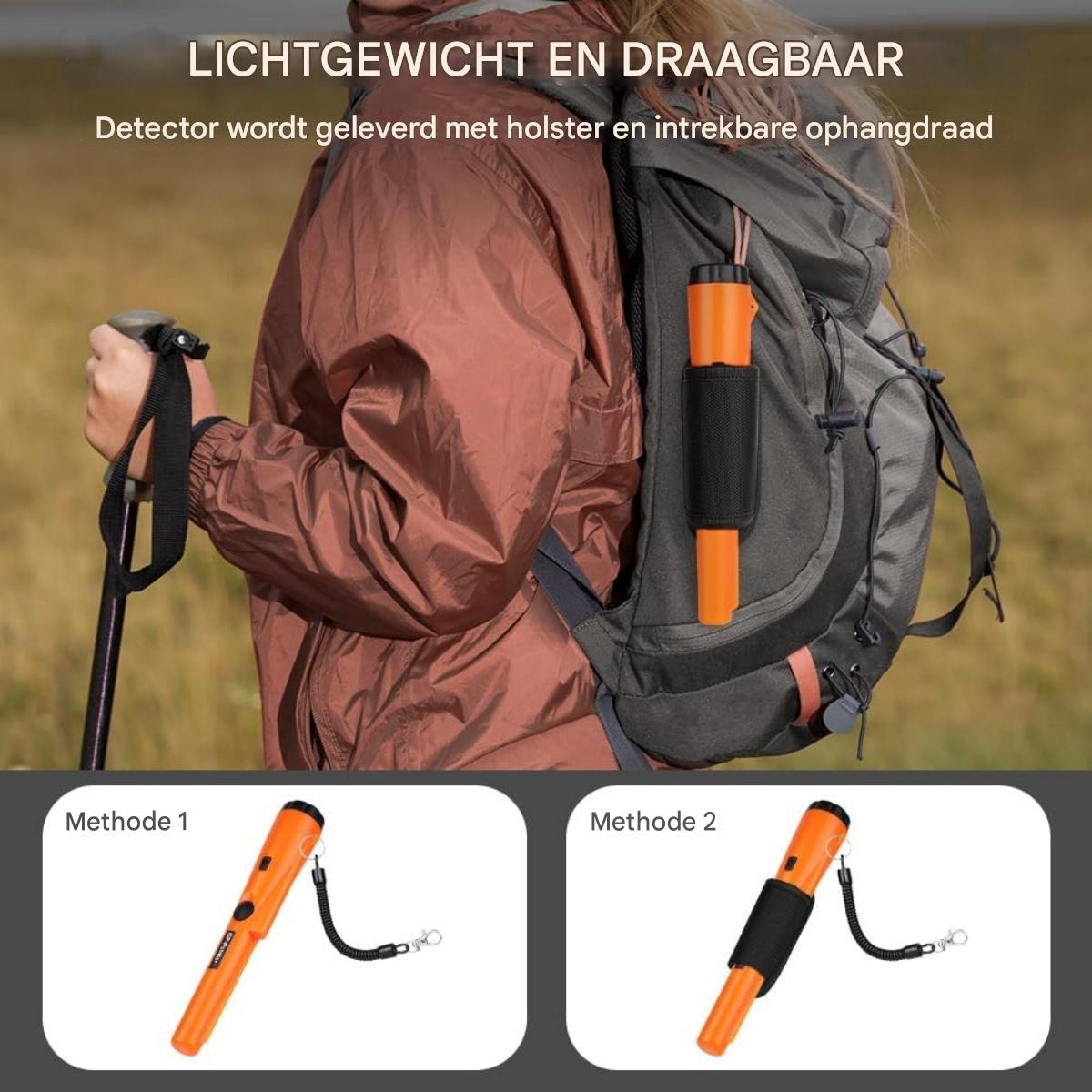 Person mit Rucksack und Wanderstock. Ein orangefarbener Detektor befindet sich im Rucksack. Zwei Methoden zur Verwendung des Detektors werden unten gezeigt.