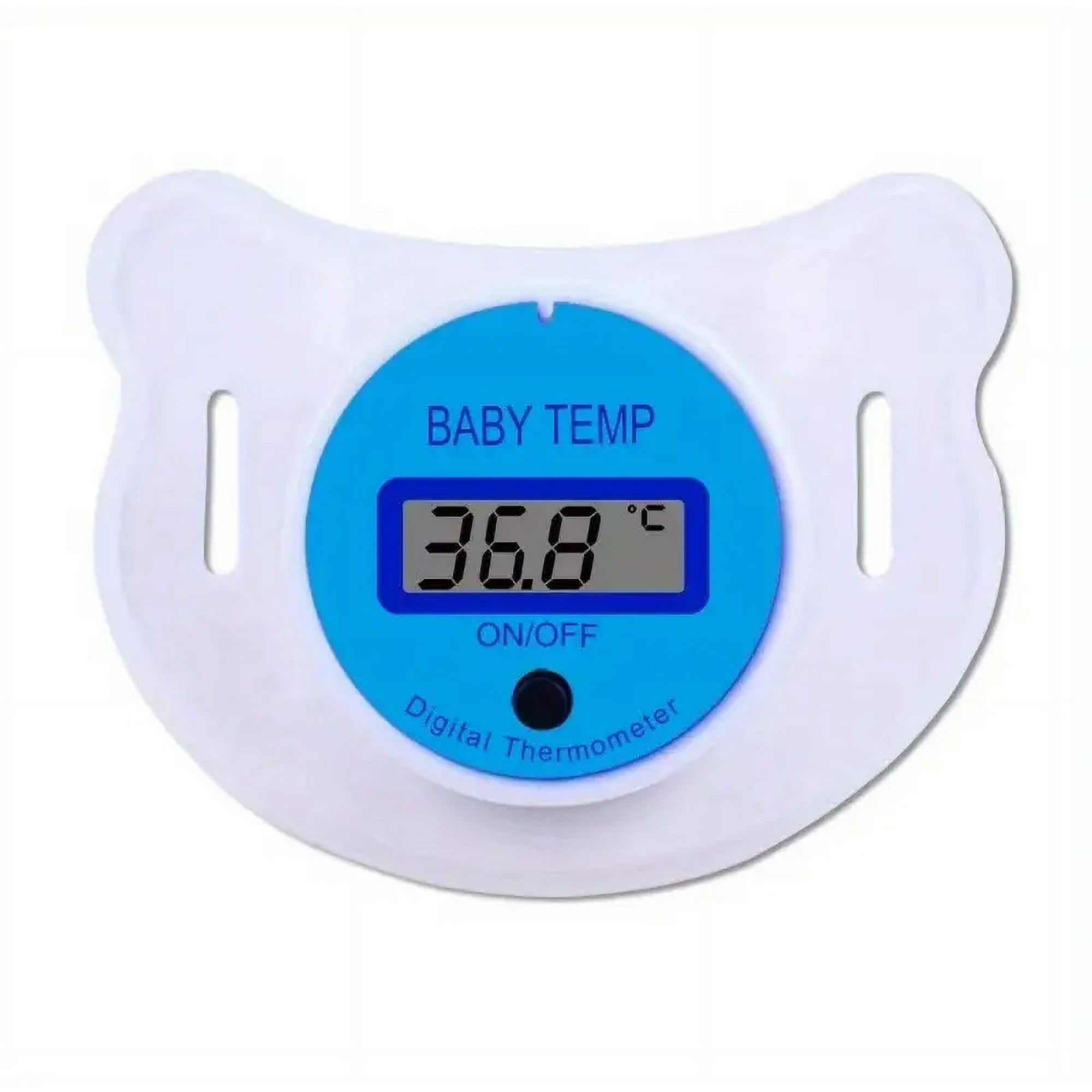 Ein weißer, schnullerförmiger digitaler Thermometer mit blauem Zentrum, das 36,8 °C anzeigt. Der Text lautet 'Baby Temp' und 'Digital Thermometer'.