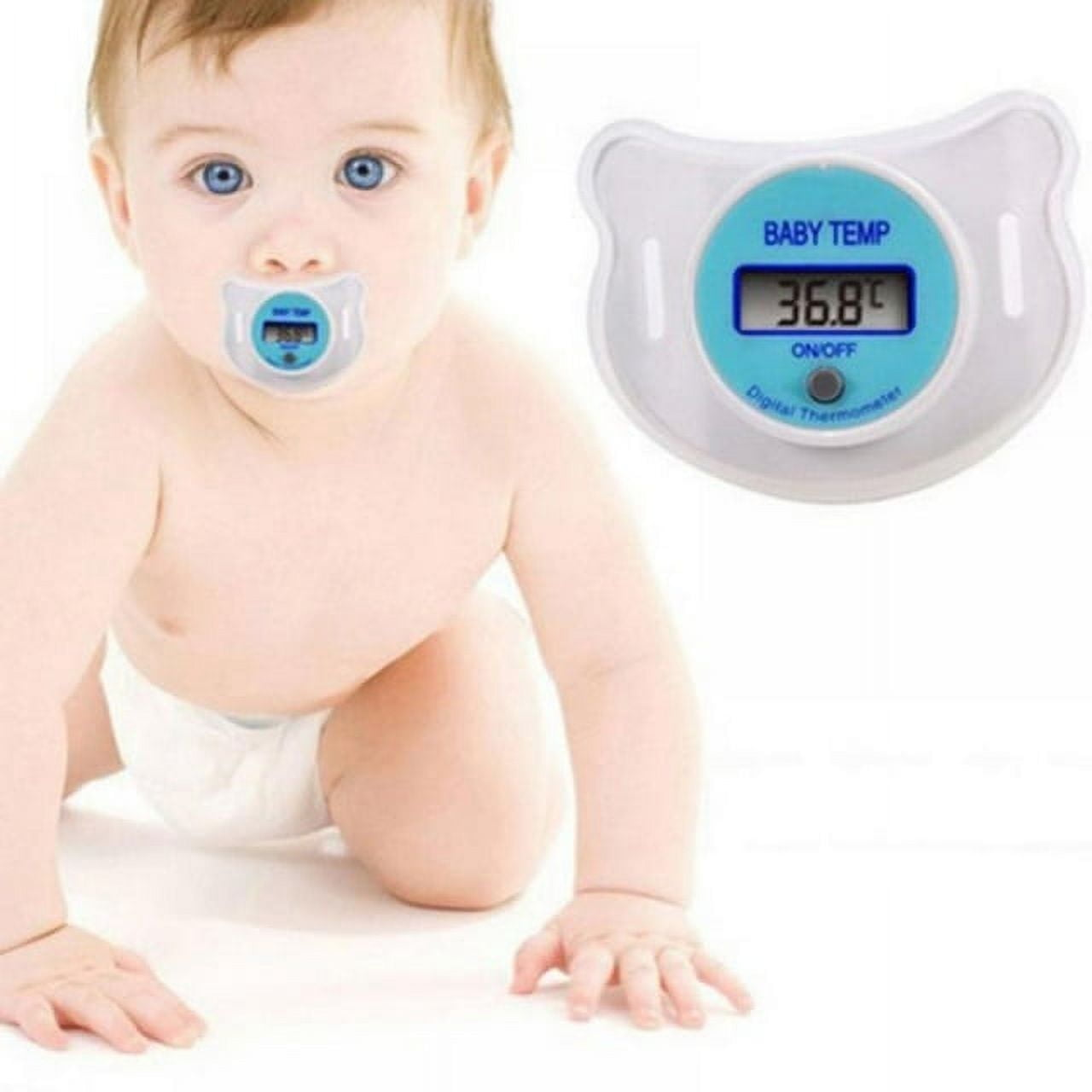 Ein Baby mit blauen Augen und einem Schnuller-Thermometer krabbelt. Das Thermometer zeigt 36,8°C an. Eine weiße Windel ist sichtbar.
