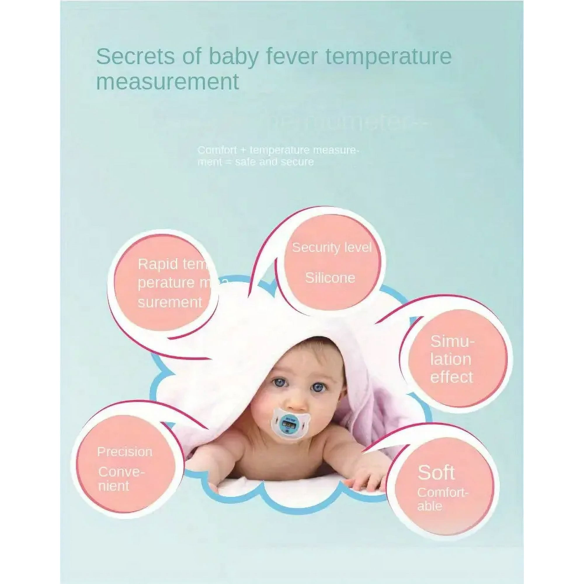 Ein Baby mit Schnuller unter einem Handtuch. Text: Geheimnisse der Fiebermessung beim Baby.