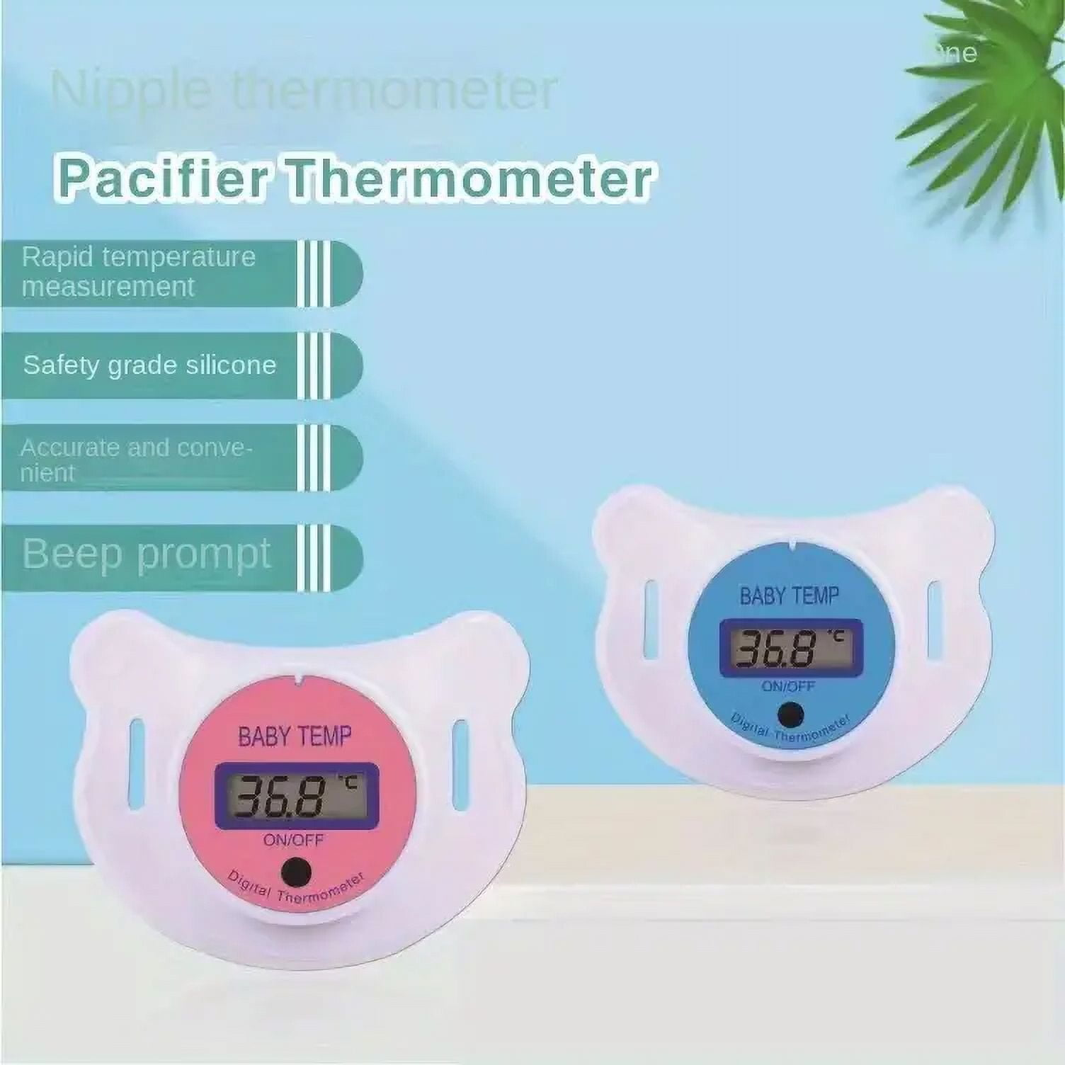 Zwei Schnullerthermometer. Jedes hat eine Digitalanzeige mit 36,8 Grad Celsius. Text lautet 'Baby Temp' und 'Digital Thermometer'.