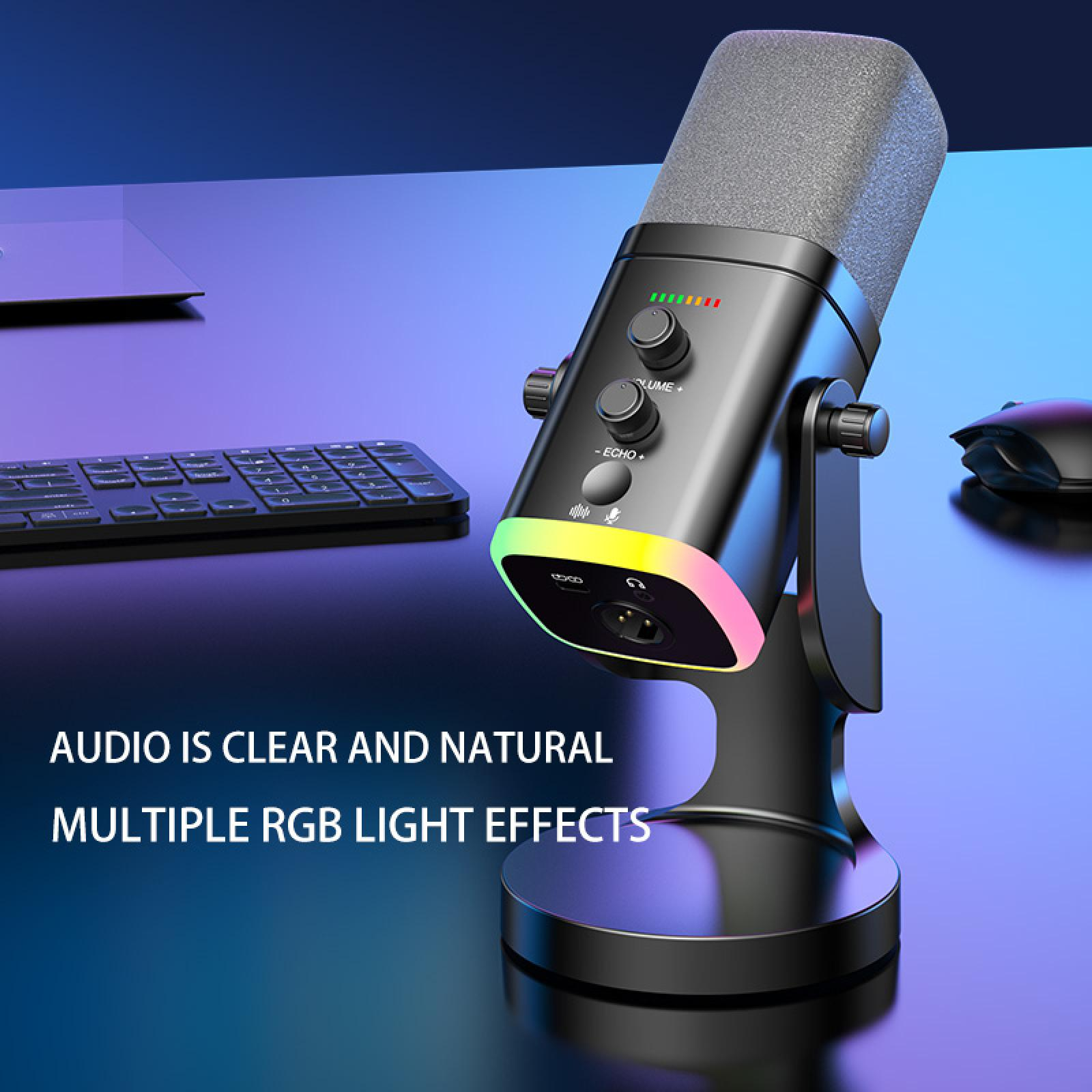 Ein schwarzes Mikrofon mit RGB-Beleuchtung auf einem Schreibtisch mit Tastatur und Maus. Das Mikrofon hat Lautstärke- und Echoregler.