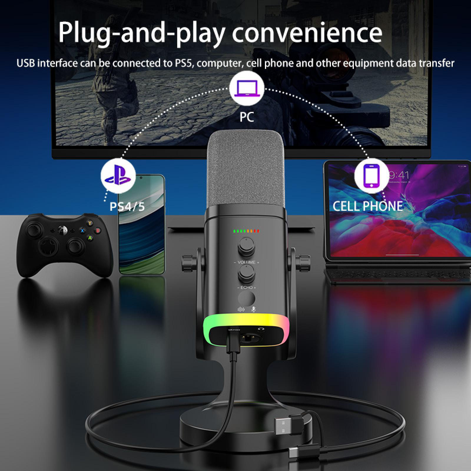 Schwarzes Mikrofon mit bunten Lichtern, verbunden mit PS4/5, PC und Handy zur Datenübertragung.