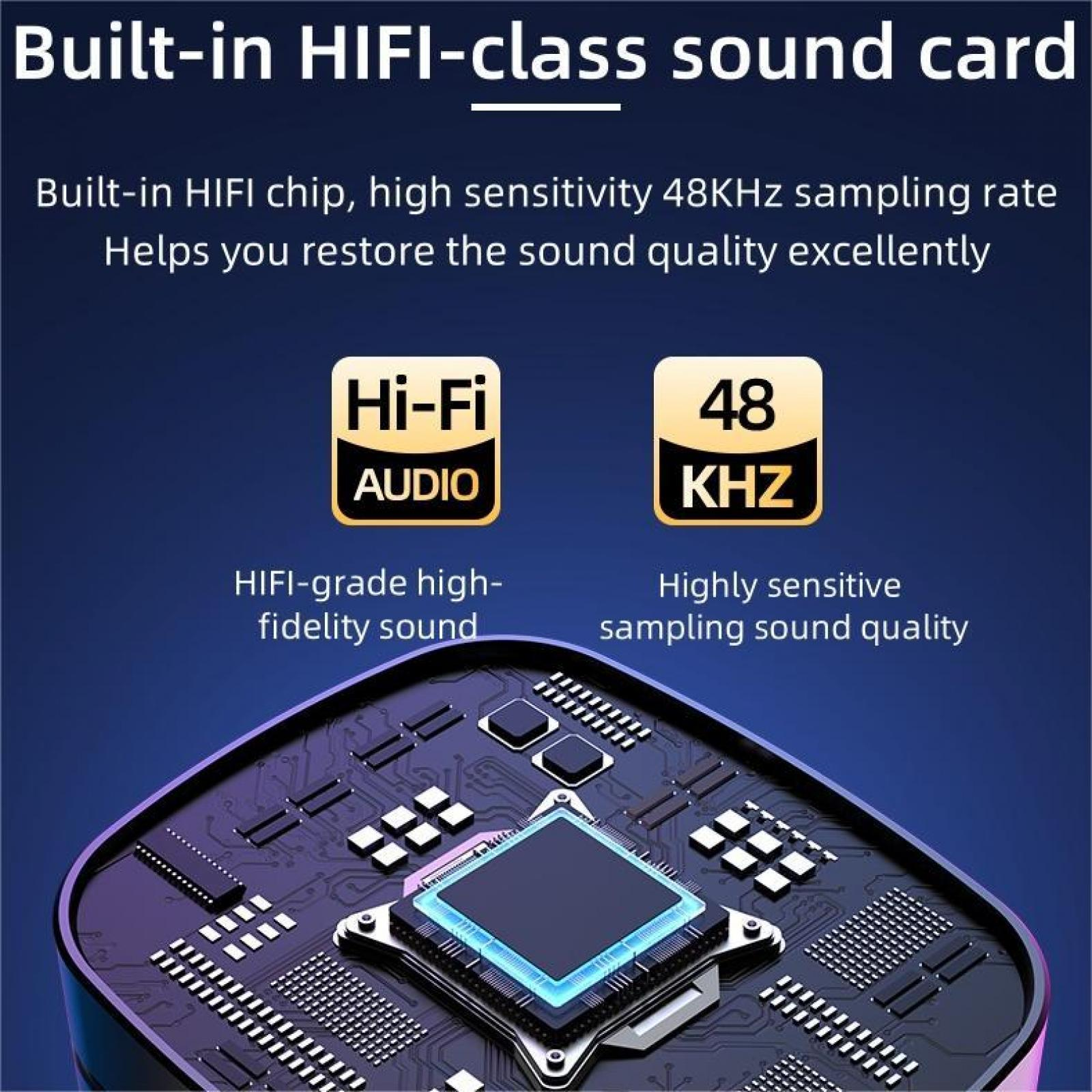 Das Bild zeigt eine Soundkarte mit Hi-Fi-Audio- und 48-kHz-Symbolen. Es hat einen Chip mit Schaltkreisdetails und Text zur Klangqualität.