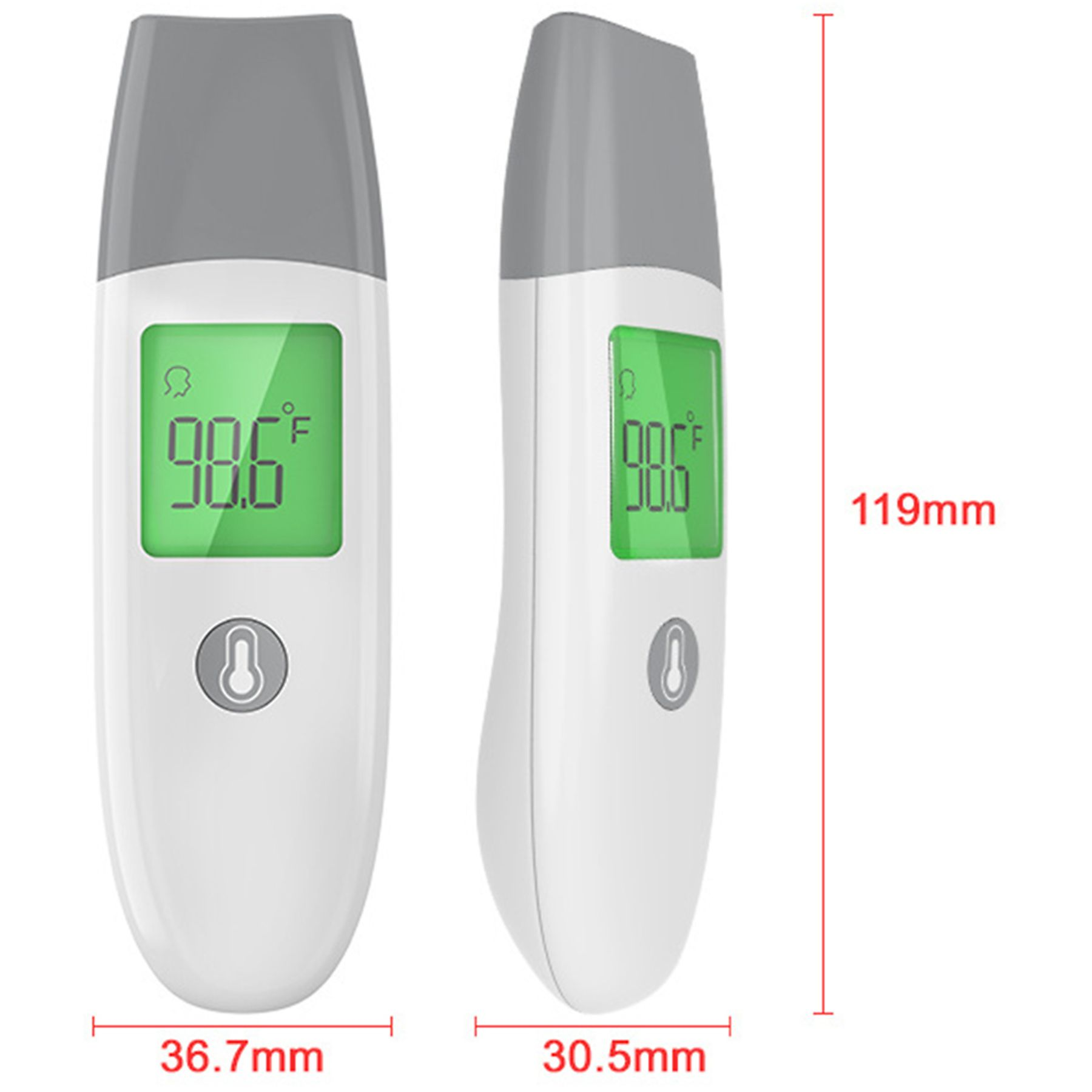 Ein weißes und graues digitales Thermometer zeigt 98,6°F an. Abmessungen werden angezeigt. Zwei Ansichten sind vorhanden.