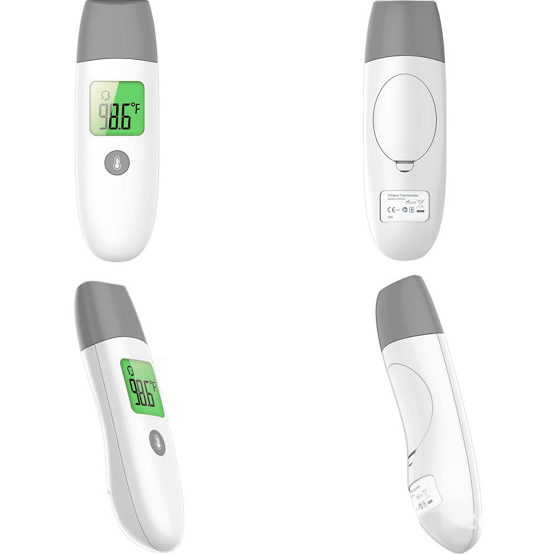 Vier Ansichten eines weißen und grauen digitalen Thermometers mit 98,6 Grad. Das Gerät hat einen Bildschirm und eine Taste.