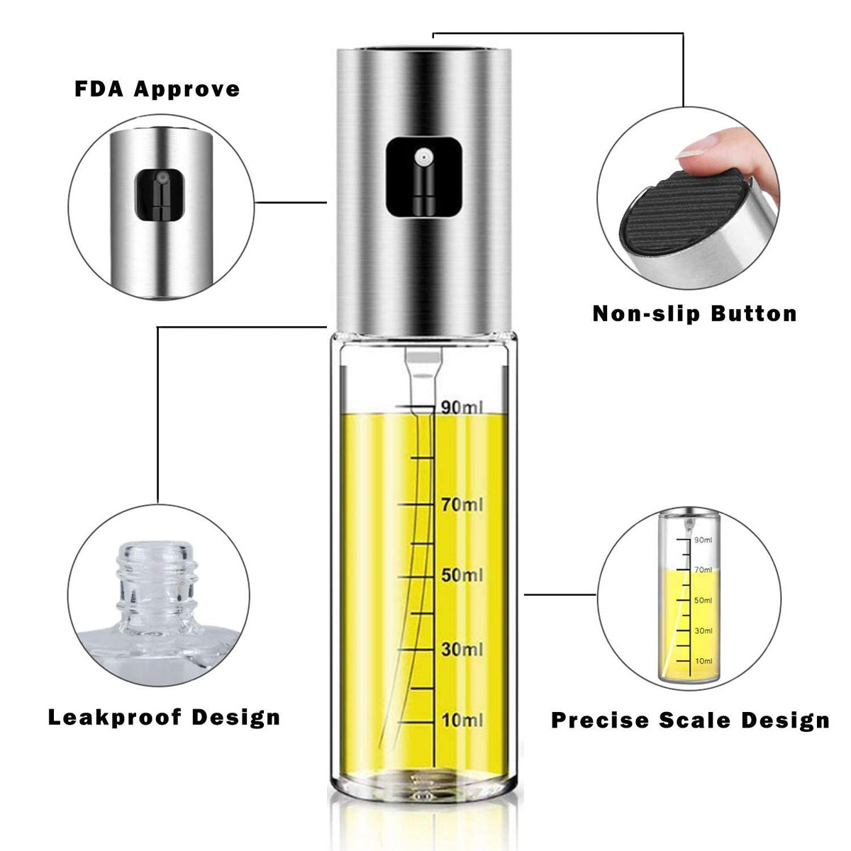 Ölsprüher mit Edelstahl-Oberteil und Glasflasche, beschriftet mit Messungen. Merkmale sind rutschfeste Taste und auslaufsicheres Design.