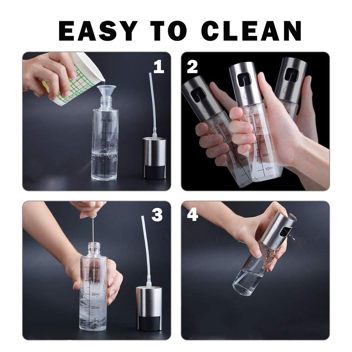 Das Bild zeigt Reinigungsschritte für eine Sprühflasche. Enthält Füll-, Reinigungs- und Sprühvorgänge. Anweisungen zur einfachen Reinigung der Flasche.